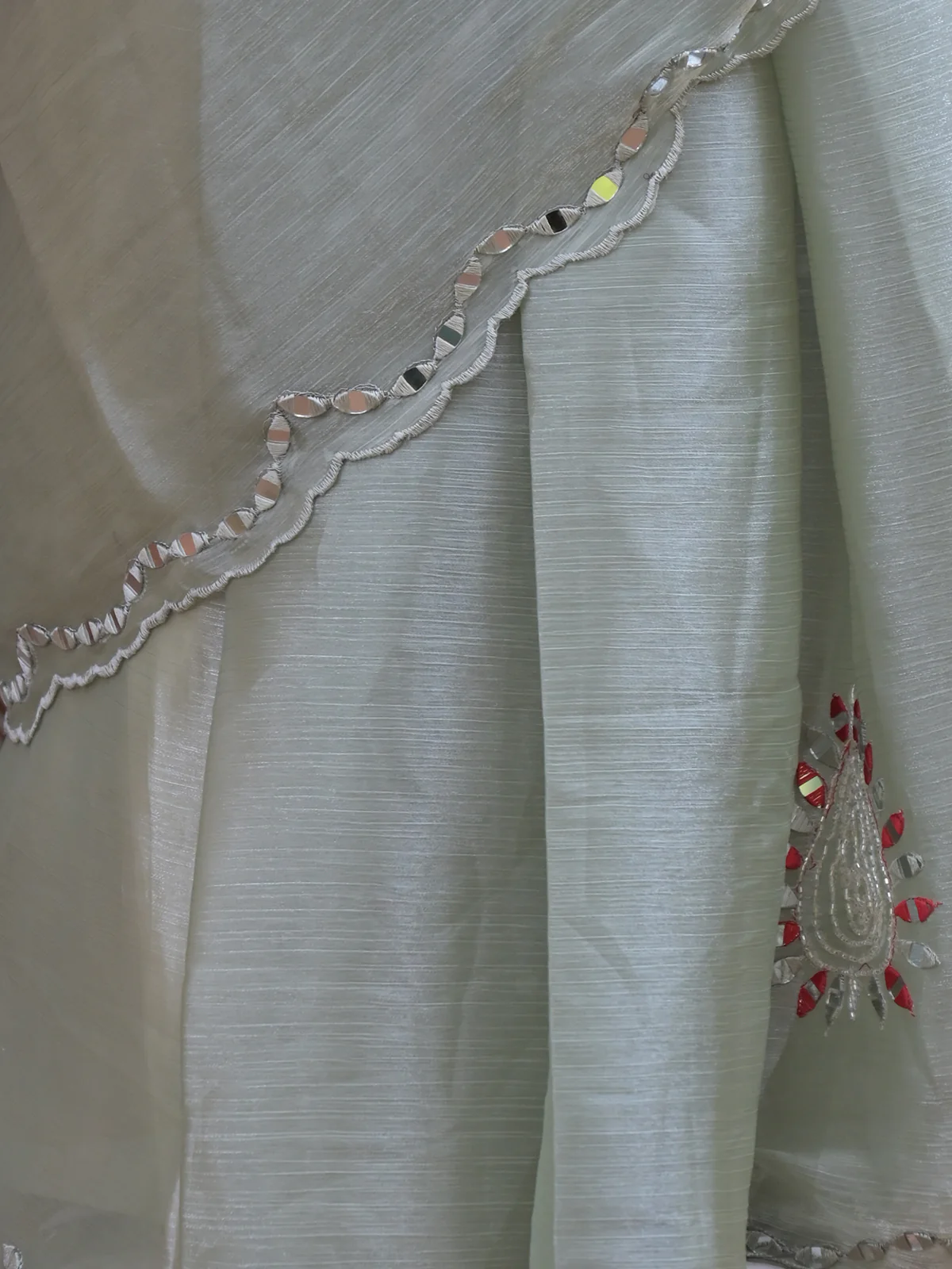 Odette Light Green Mirror Work Embroidered Saree with Unstitched Blouse for Women - Image 5