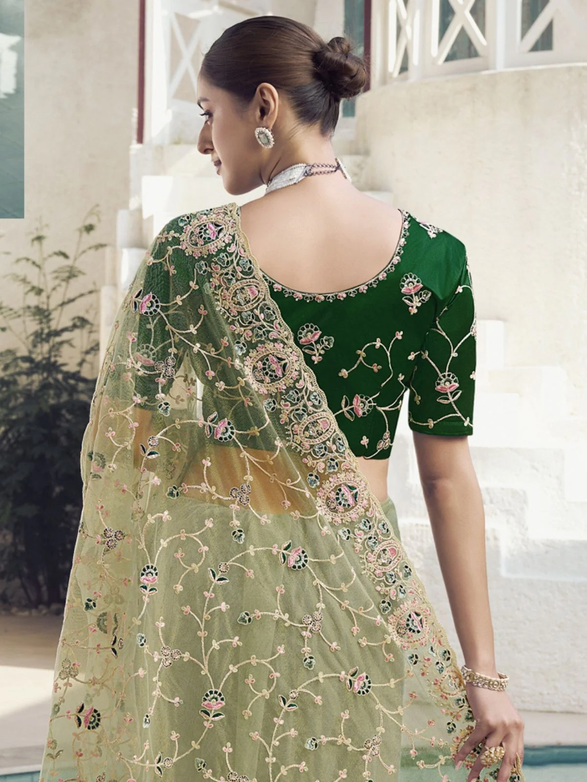 Odette Light Green Net Embroidered Elegant Saree For Women - Image 2