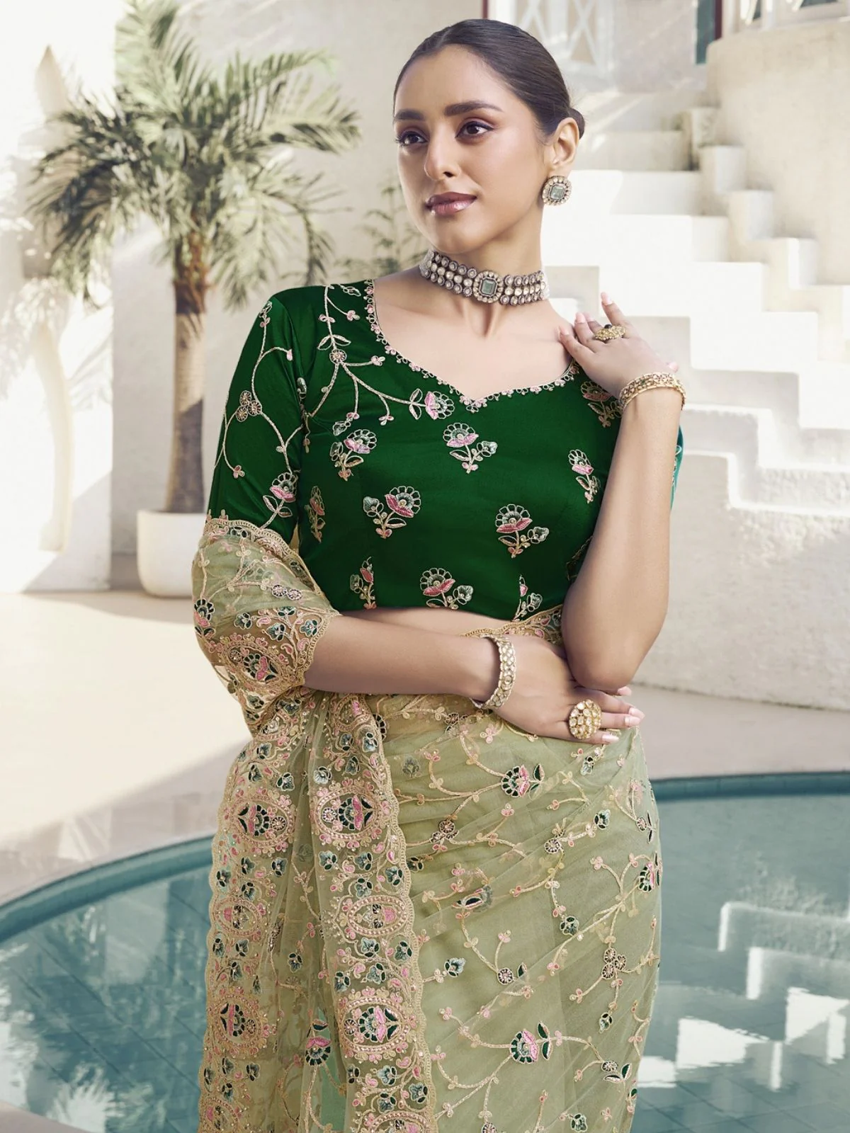 Odette Light Green Net Embroidered Elegant Saree For Women - Image 3