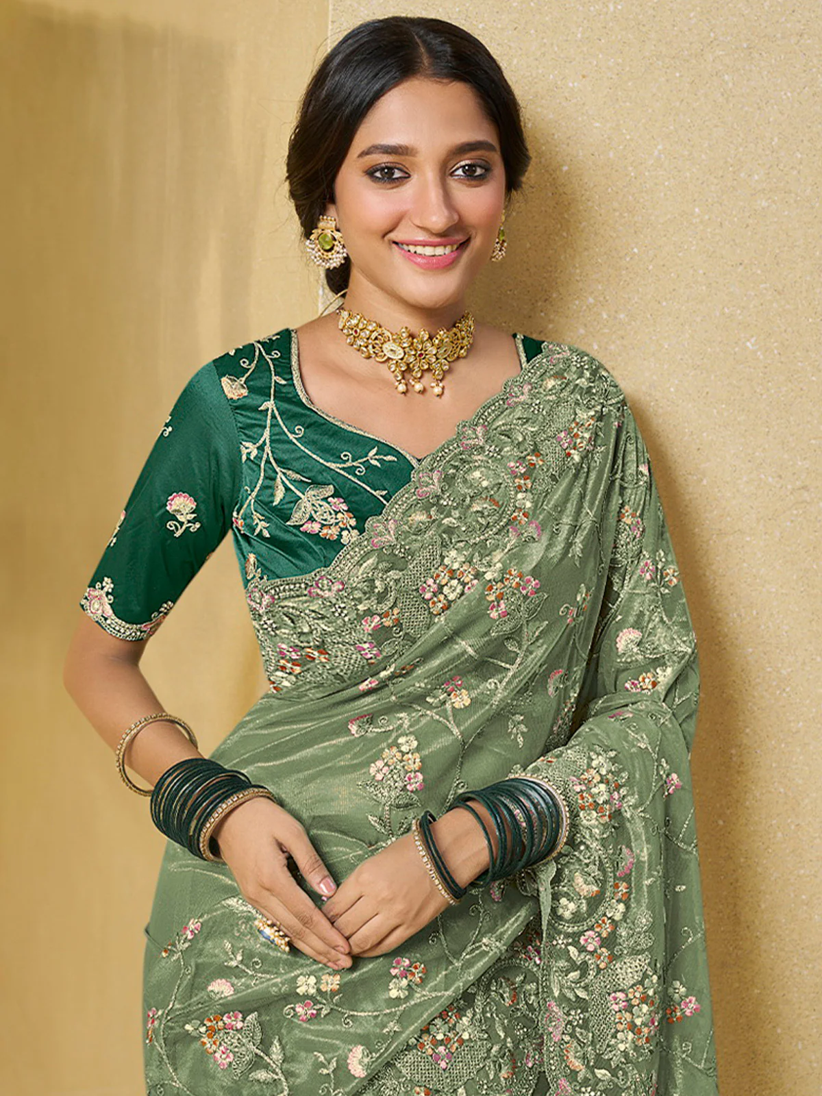 Odette Light Green Net Embroidered Saree with Unstitched Blouse For Women - Image 2
