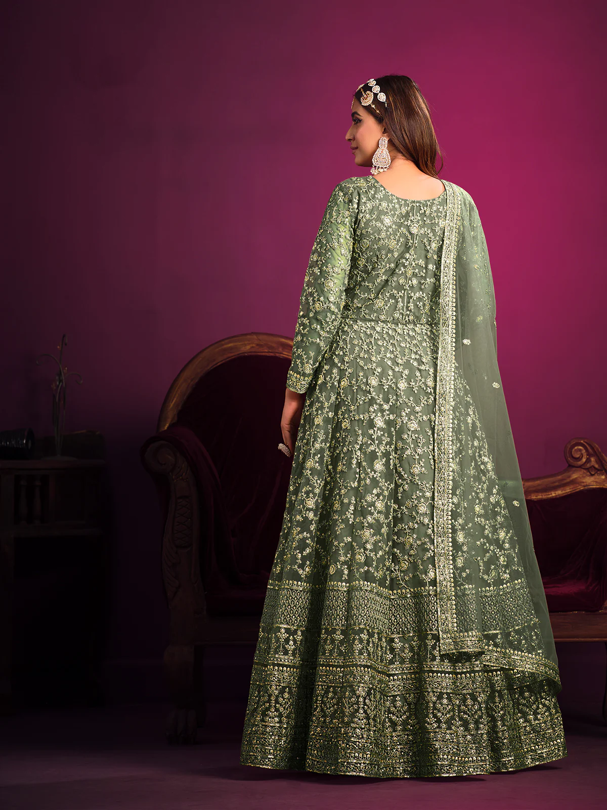 Odette Light Green Net Embroidered Semi stitched Kurta Set With Inner For Women - Image 3
