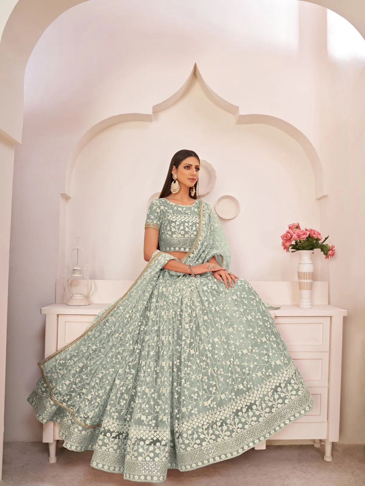 Odette Light Green Net Embroidered Semi Stitched Lehenga For Women - Image 2