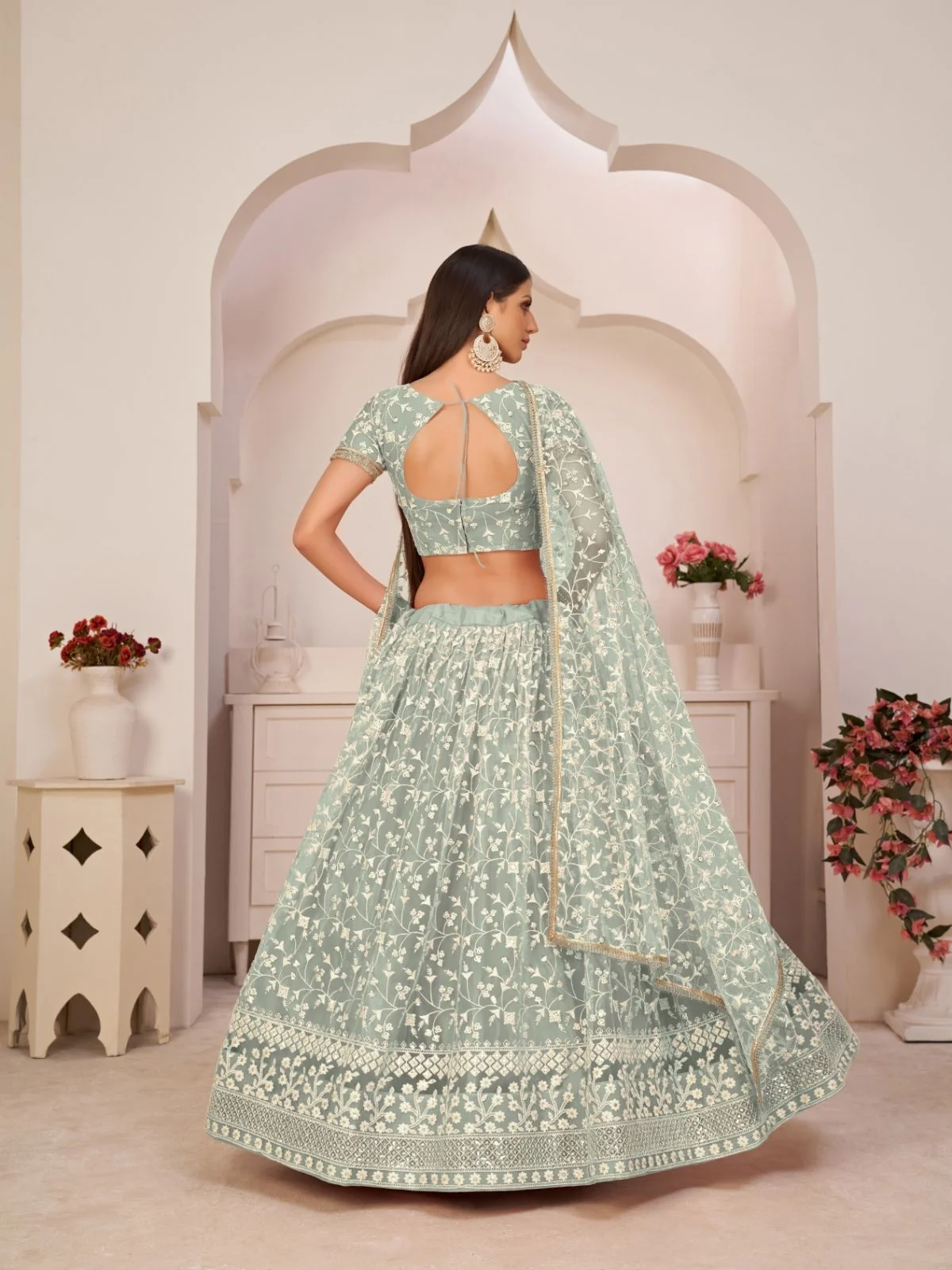 Odette Light Green Net Embroidered Semi Stitched Lehenga For Women - Image 3