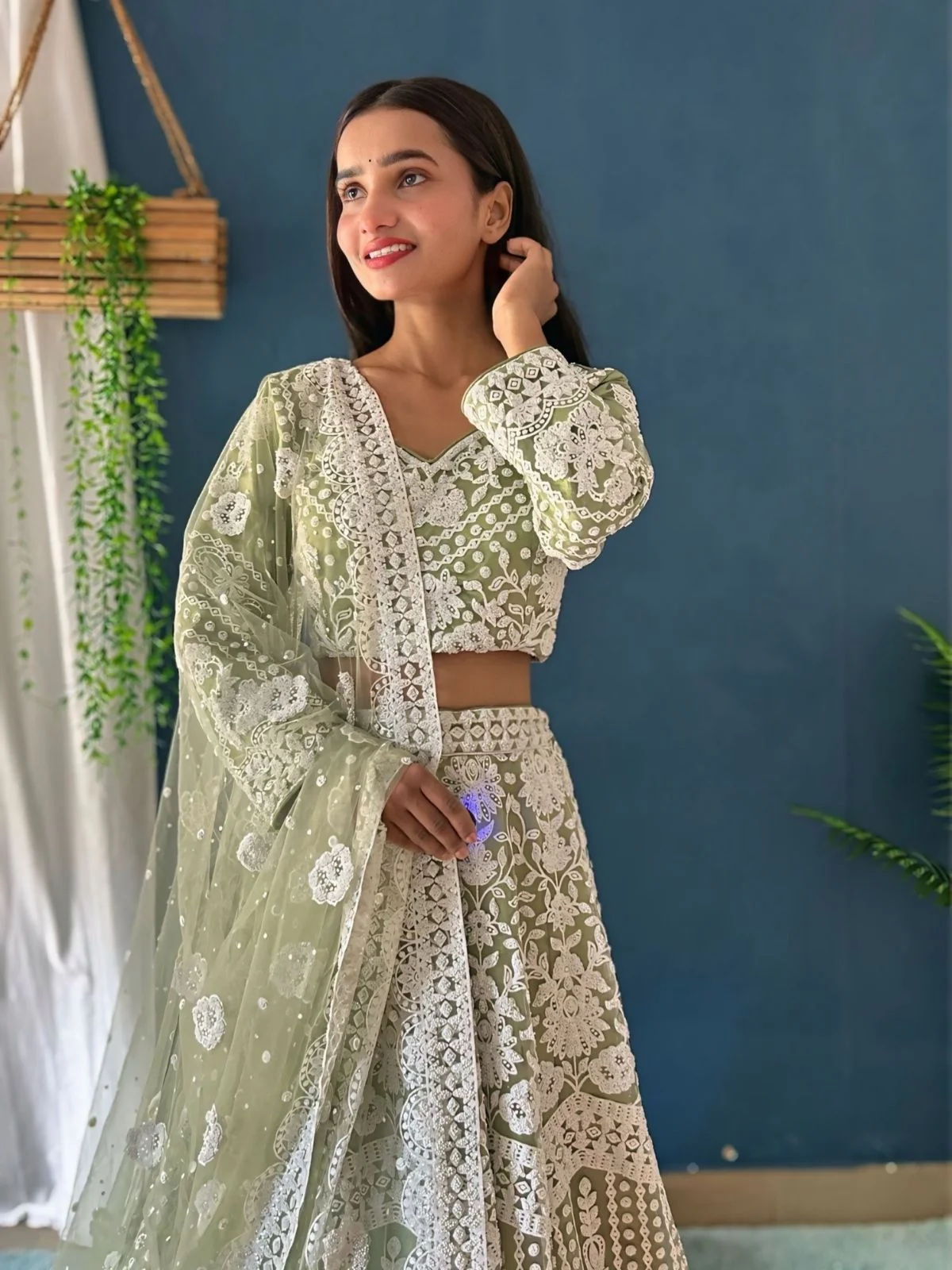 Odette Light Green Net Embroidered Semi-Stitched lehenga For Women - Image 2