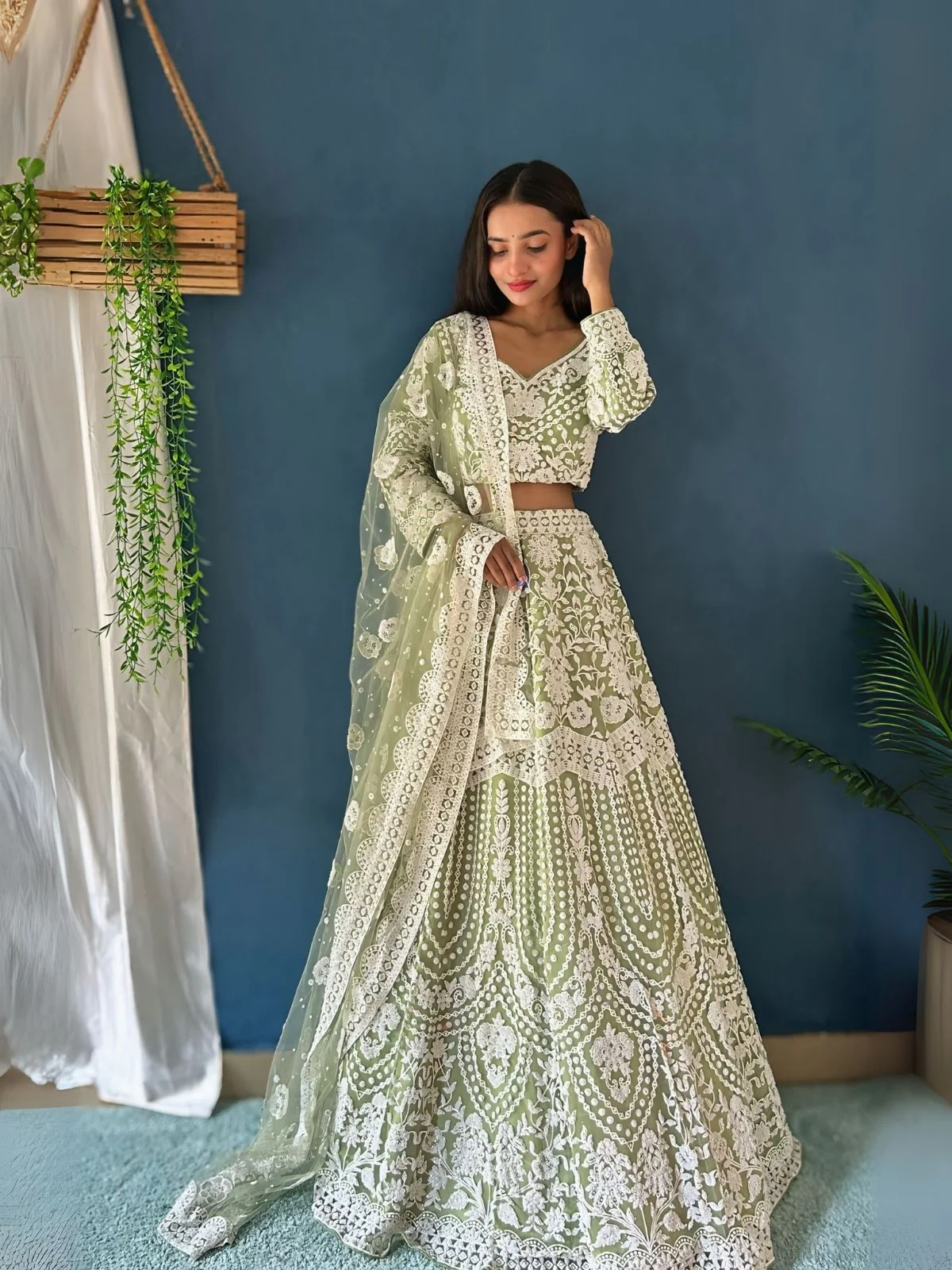Odette Light Green Net Embroidered Semi-Stitched lehenga For Women - Image 3