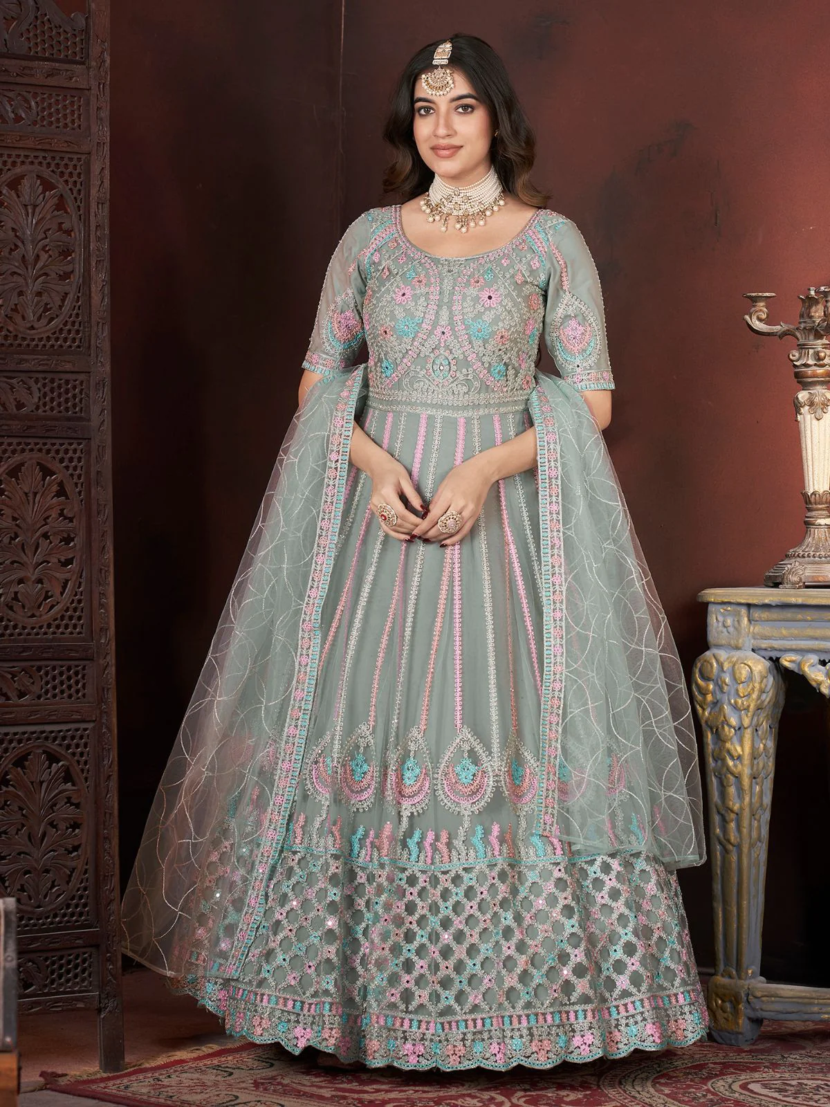Odette Light Green Net Embroidered Stitched Gown For Women - Image 2