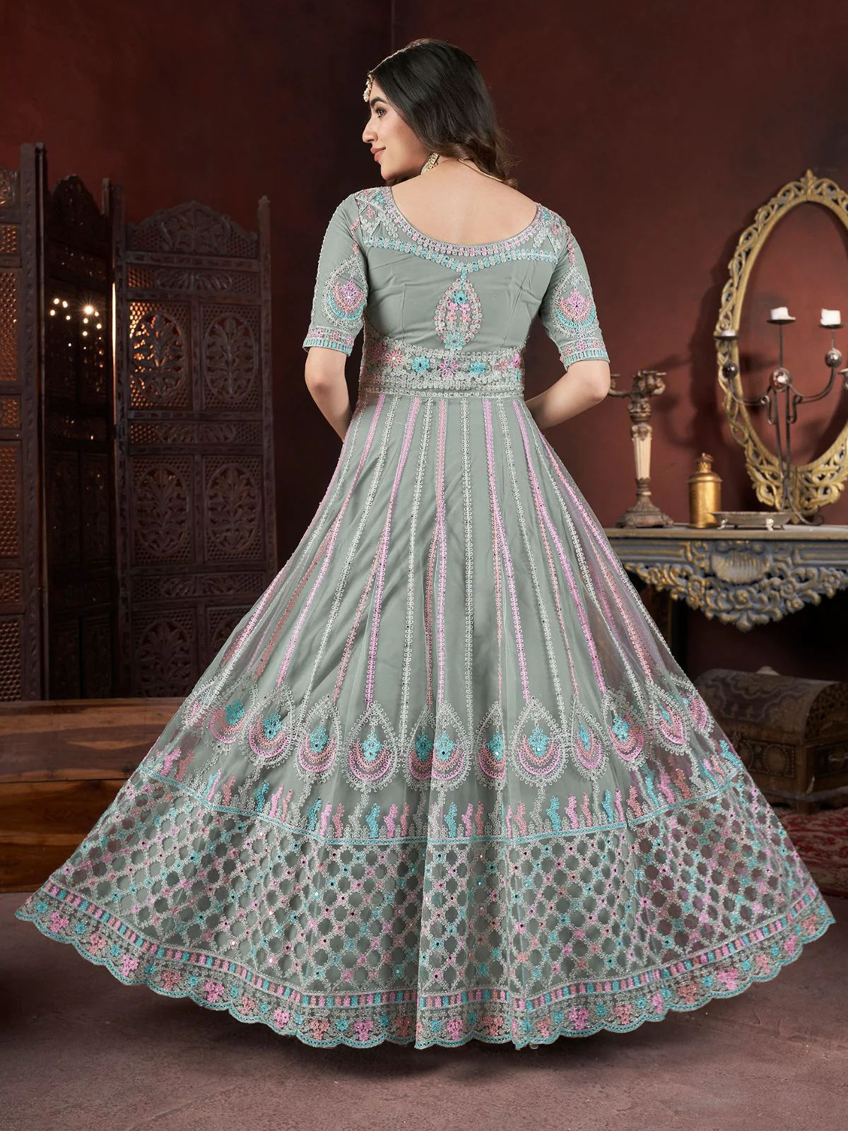 Odette Light Green Net Embroidered Stitched Gown For Women - Image 3