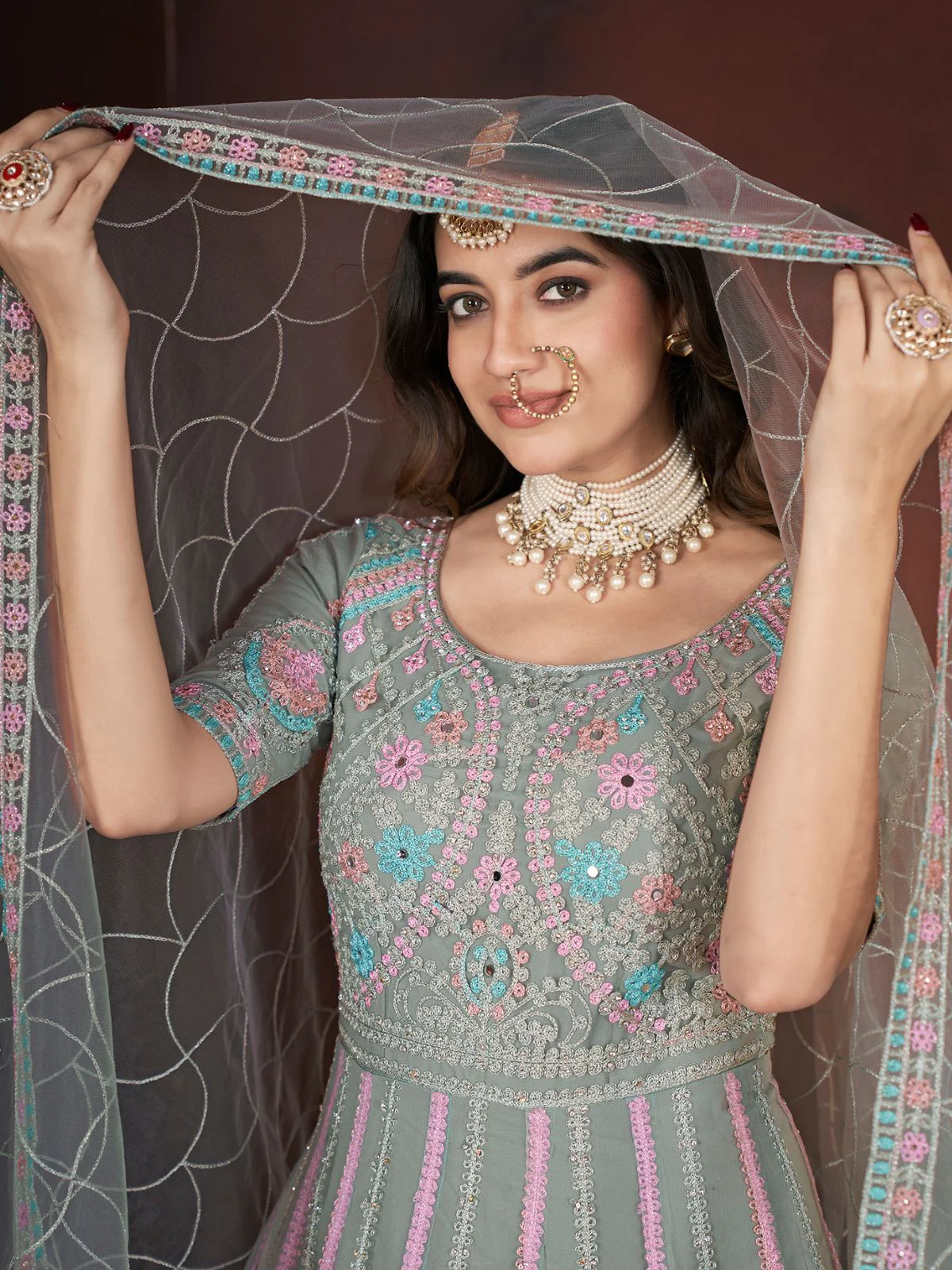 Odette Light Green Net Embroidered Stitched Gown For Women - Image 4