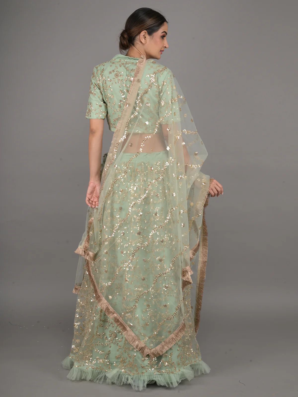 Odette Light Green Embellished Net Stitched Lehenga Set For Women - Image 3
