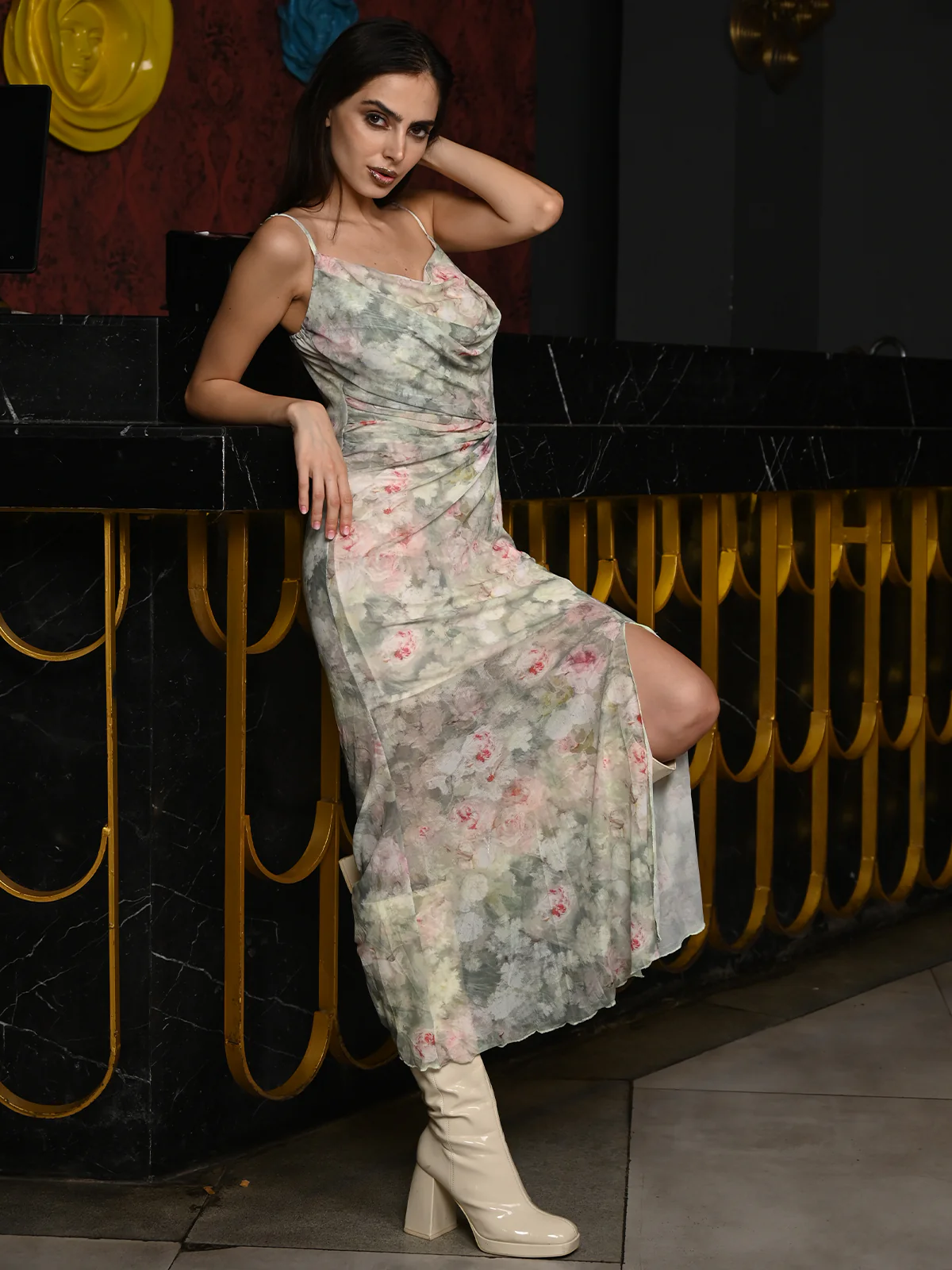 Odette Light Green Net Lycra Printed Slit Dress for Women - Image 3