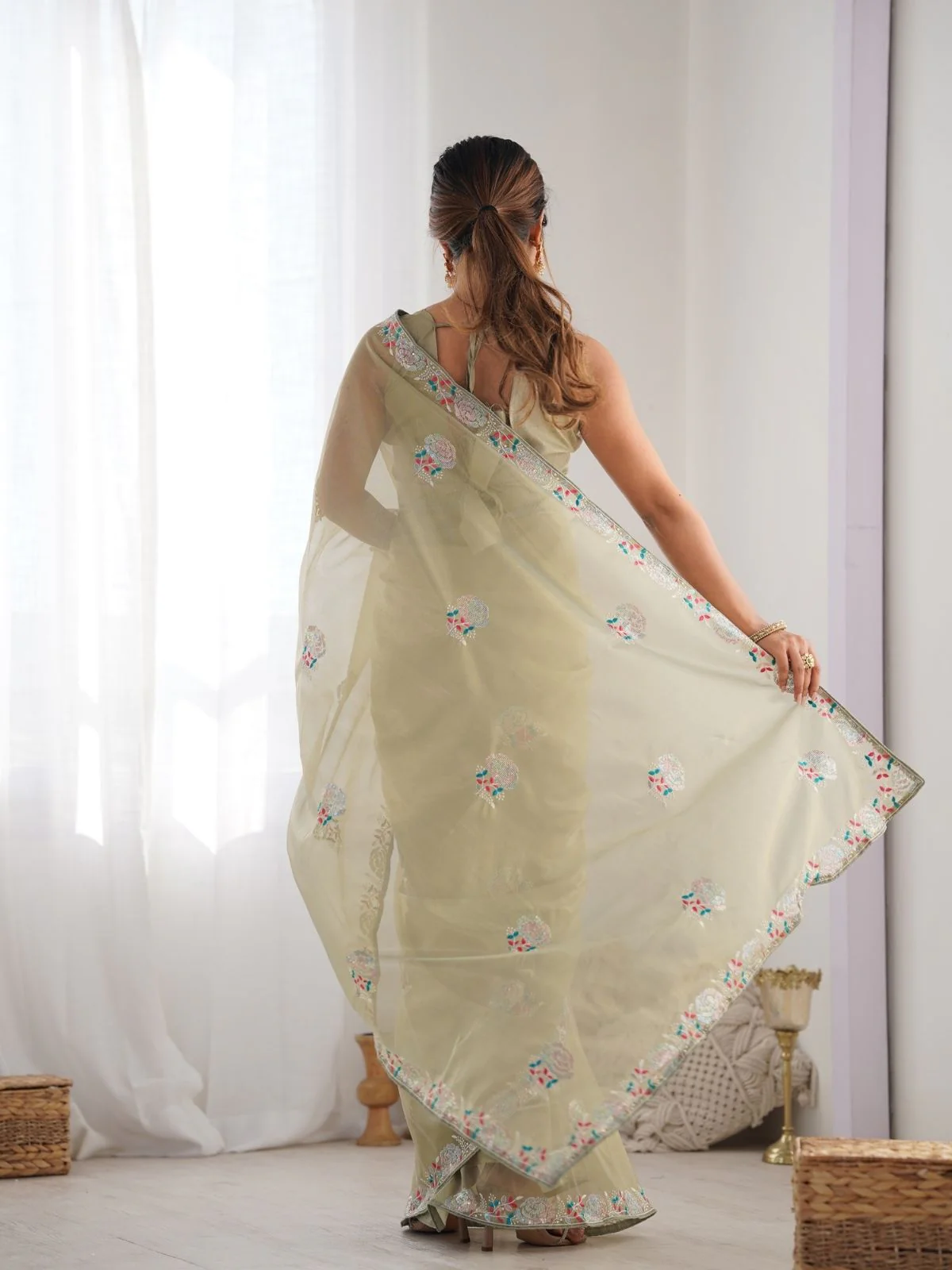 Odette Light Green Net Sequins Embroidered Saree With Unstitched Blouse For Women - Image 5