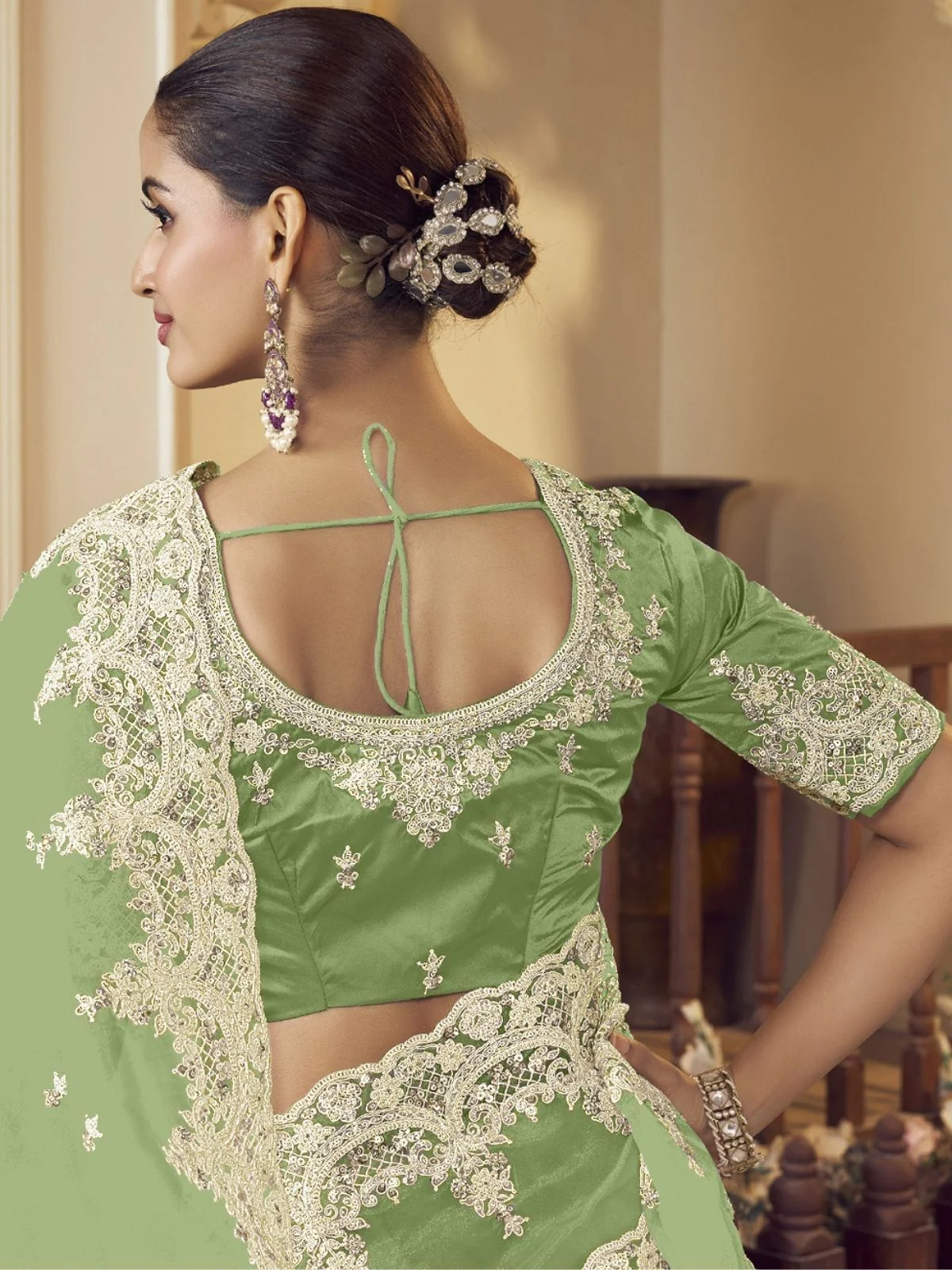 Odette Light Green Organza Embellished Elegant Saree For Women - Image 3