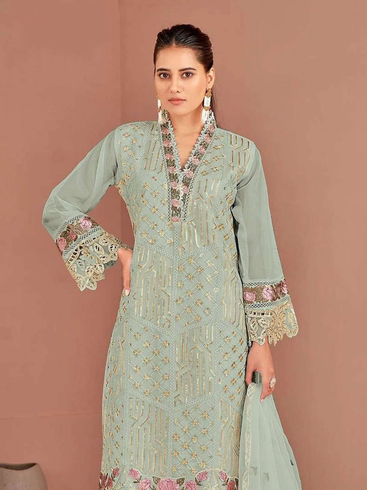Odette Light Green Organza Embellished Semi-Stitched Kurta Set For Women - Image 2