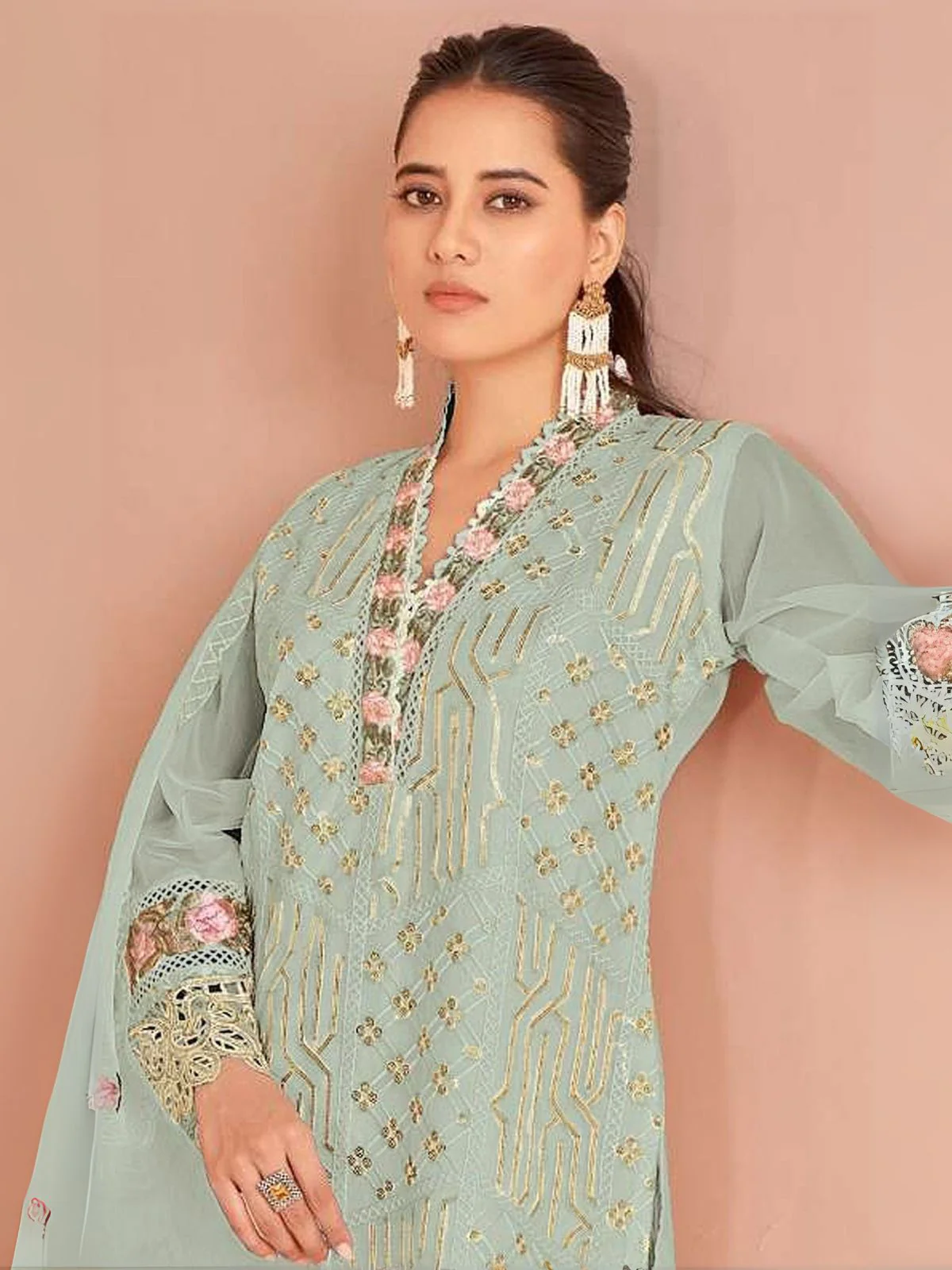 Odette Light Green Organza Embellished Semi-Stitched Kurta Set For Women - Image 3
