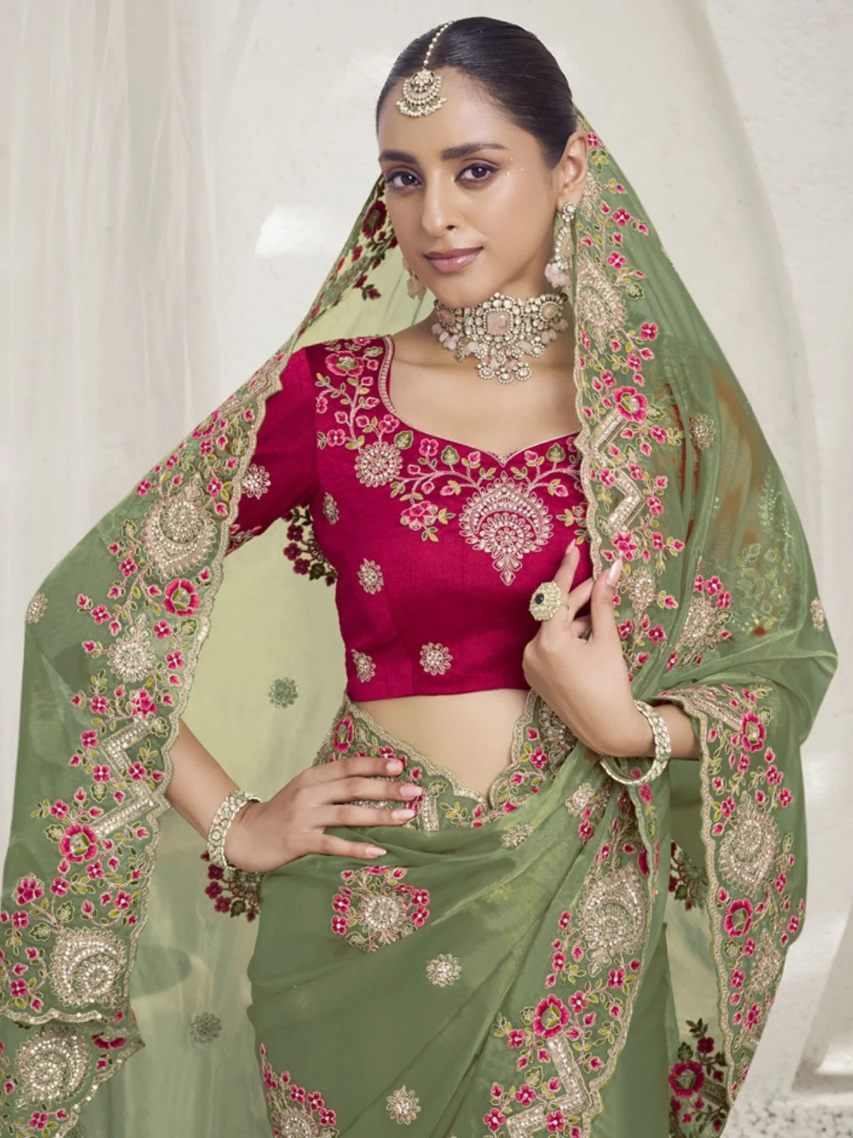 Odette Light Green Organza Embroidered Elegant Saree For Women - Image 2