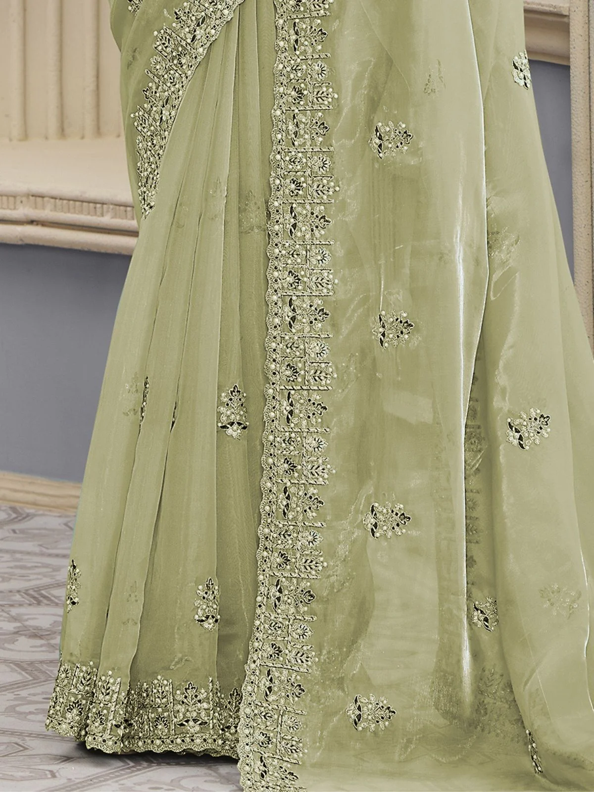 Odette Light Green Organza Embroidered Elegant Saree For Women - Image 3