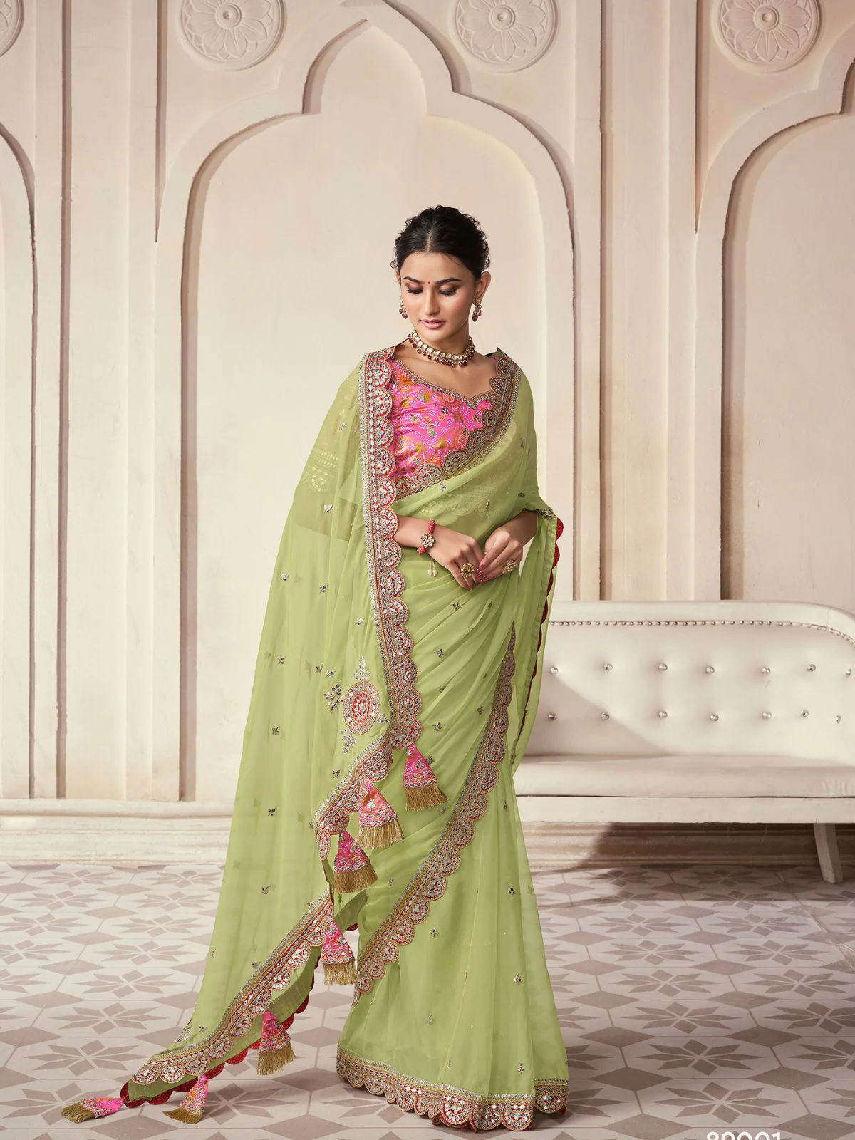 Odette Light Green Organza Embroidered Saree With Unstitched Blouse For Women - Image 2