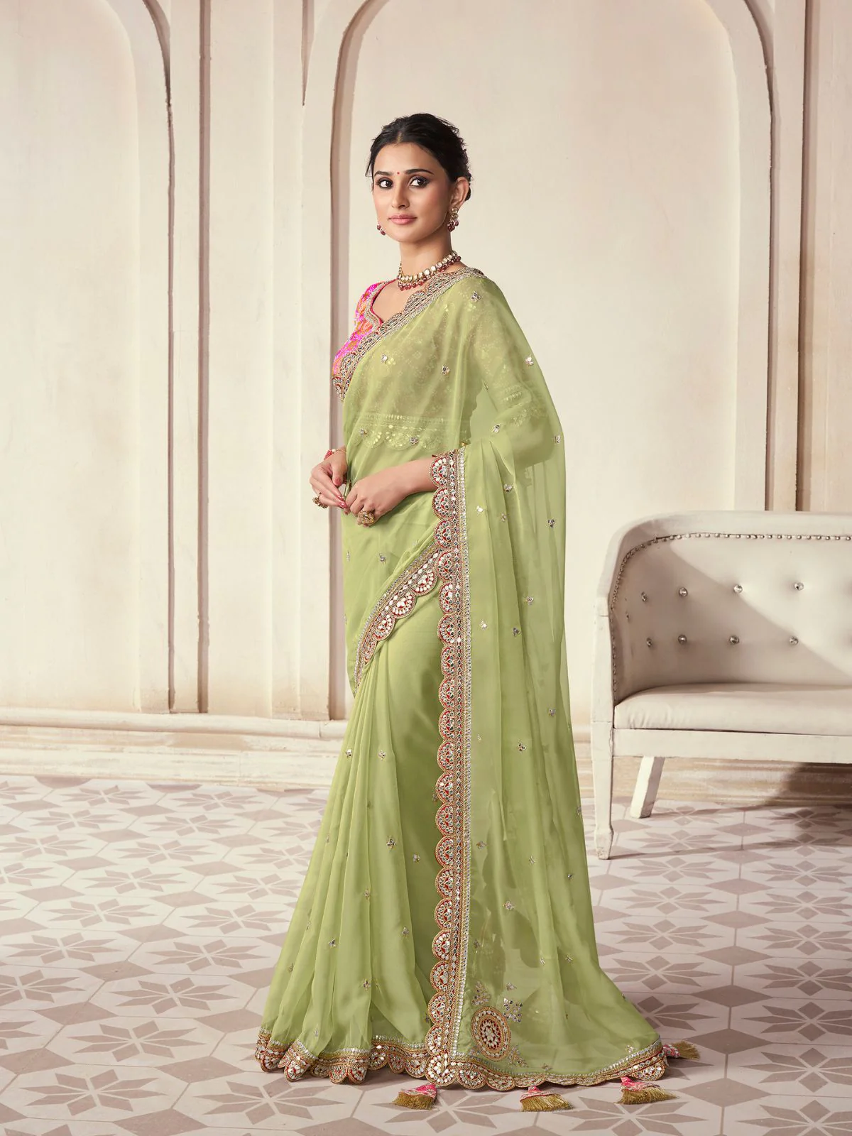 Odette Light Green Organza Embroidered Saree With Unstitched Blouse For Women - Image 3