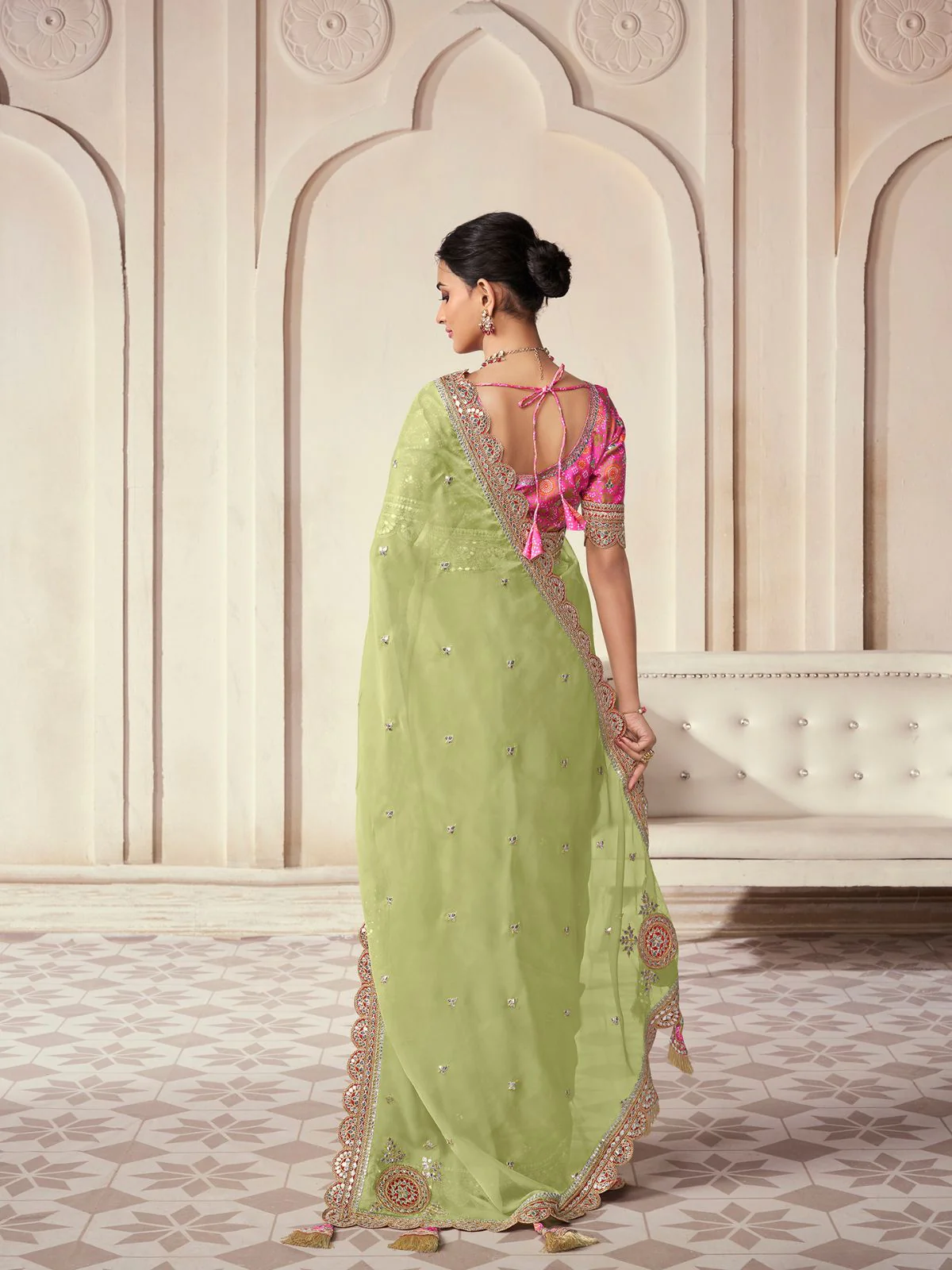 Odette Light Green Organza Embroidered Saree With Unstitched Blouse For Women - Image 4