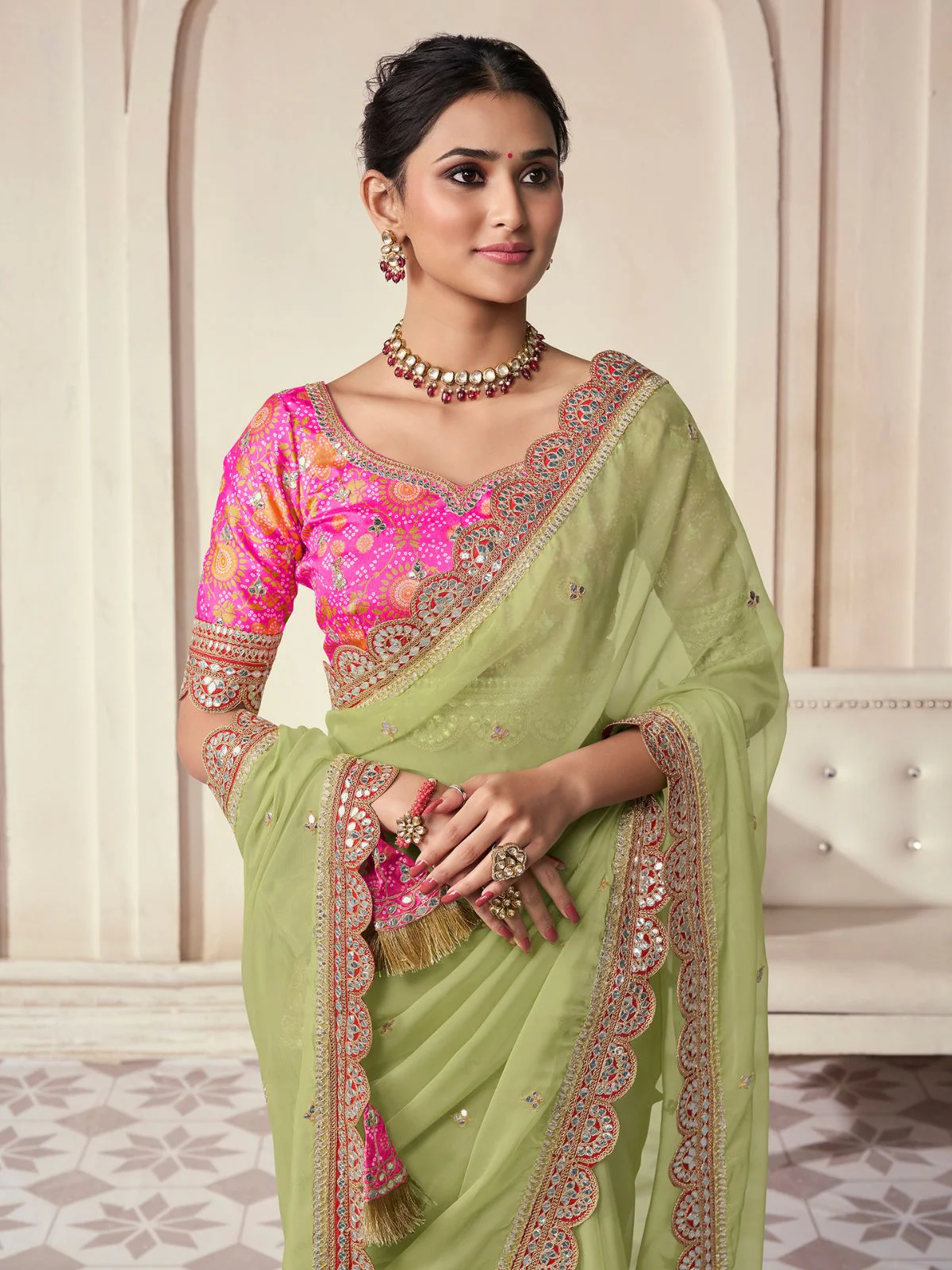 Odette Light Green Organza Embroidered Saree With Unstitched Blouse For Women - Image 5