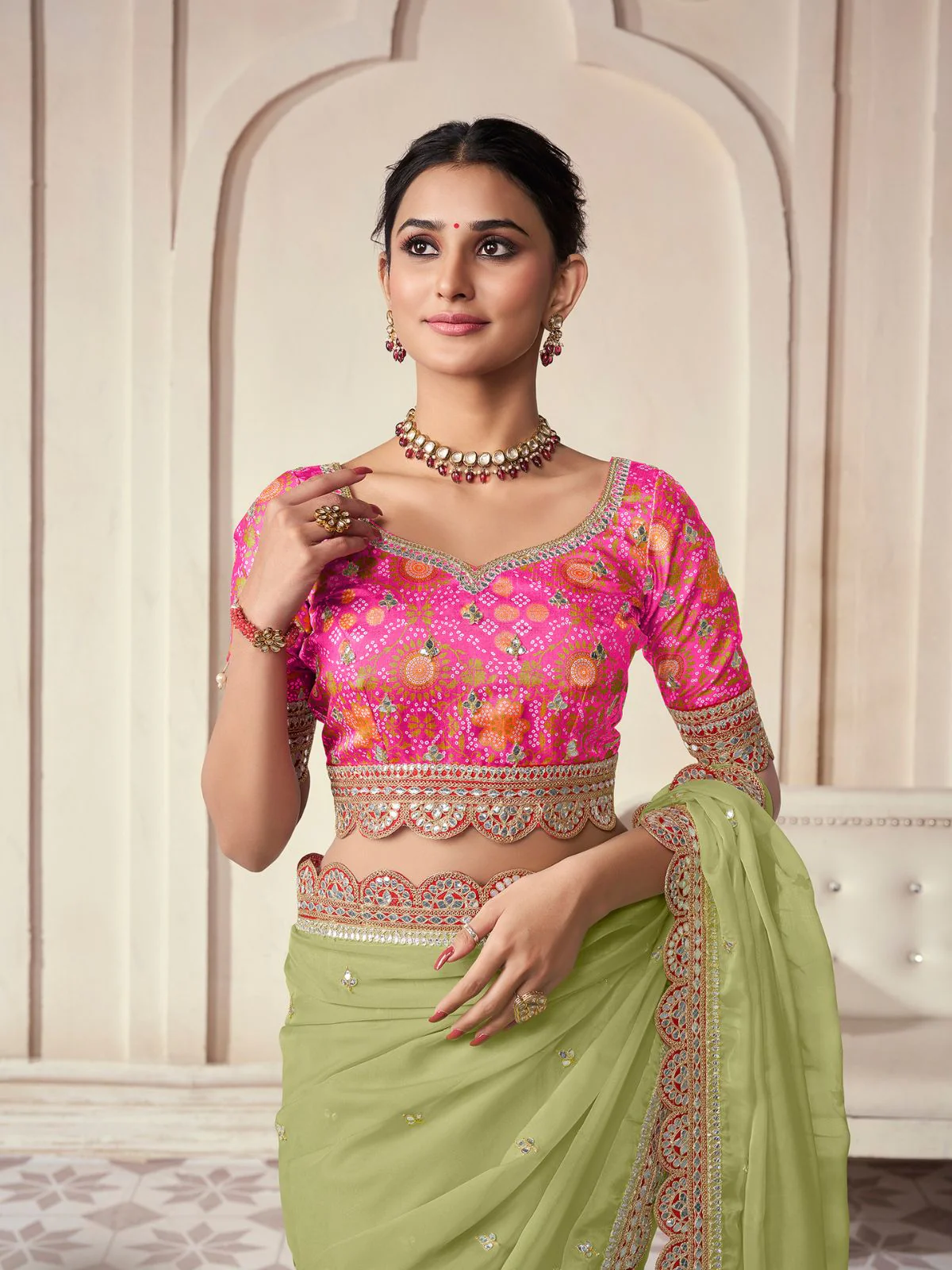 Odette Light Green Organza Embroidered Saree With Unstitched Blouse For Women - Image 6