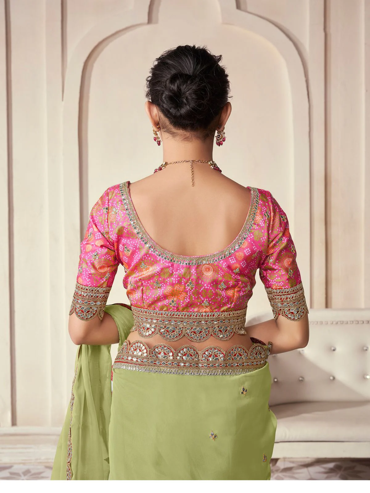 Odette Light Green Organza Embroidered Saree With Unstitched Blouse For Women - Image 7