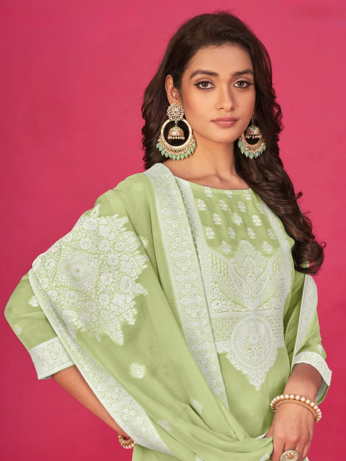 Odette Light Green Organza Embroidered Semi-Stitched Kurta Set For Women - Image 2