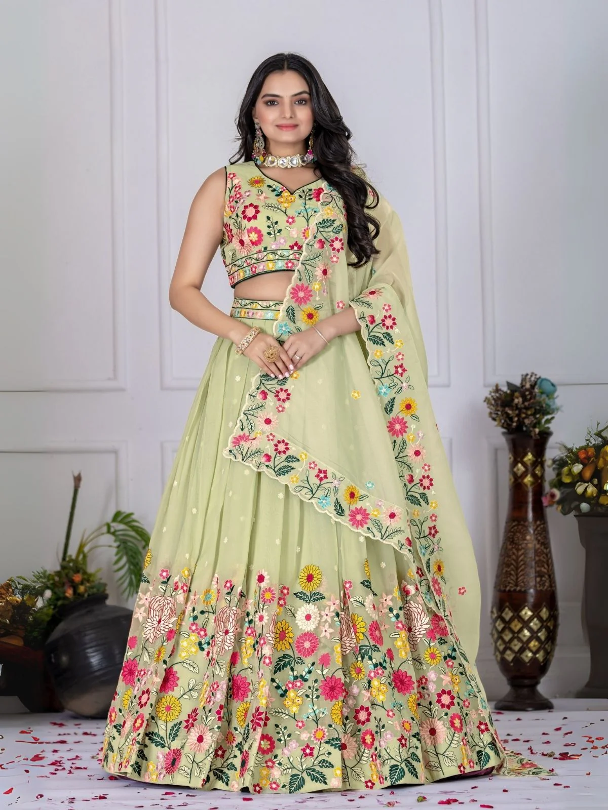 Odette Light Green Organza Embroidered Semi-Stitched lehenga For Women - Image 3