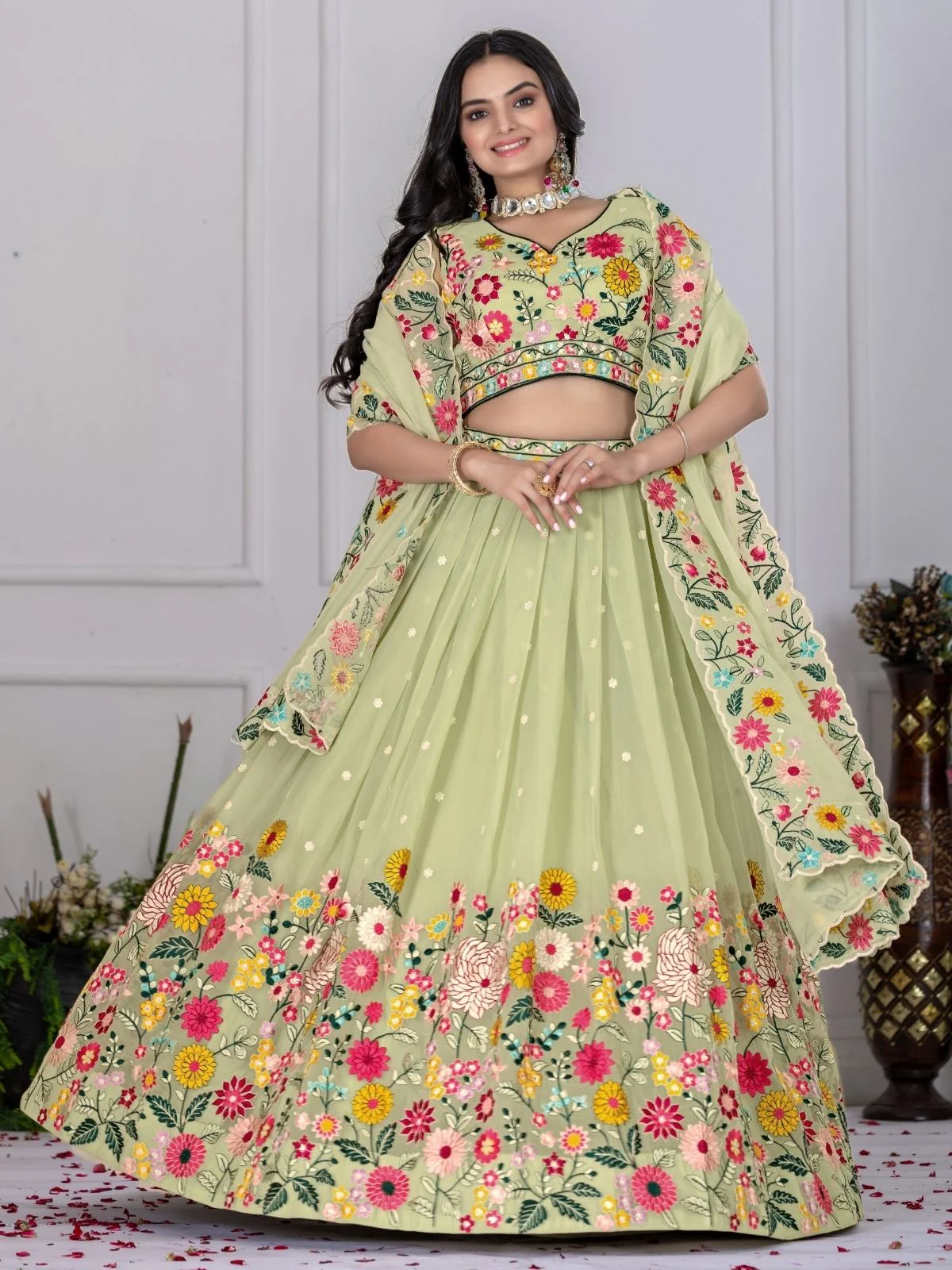 Odette Light Green Organza Embroidered Semi-Stitched lehenga For Women - Image 4