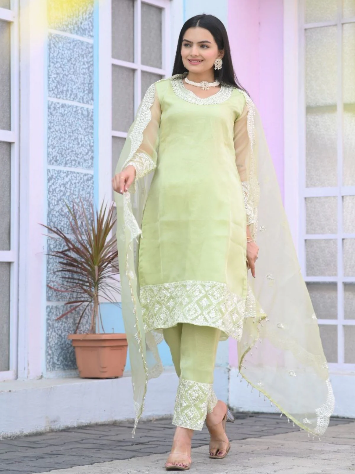 Odette Light Green Organza Embroidered Stitched Kurta Set For Women - Image 6