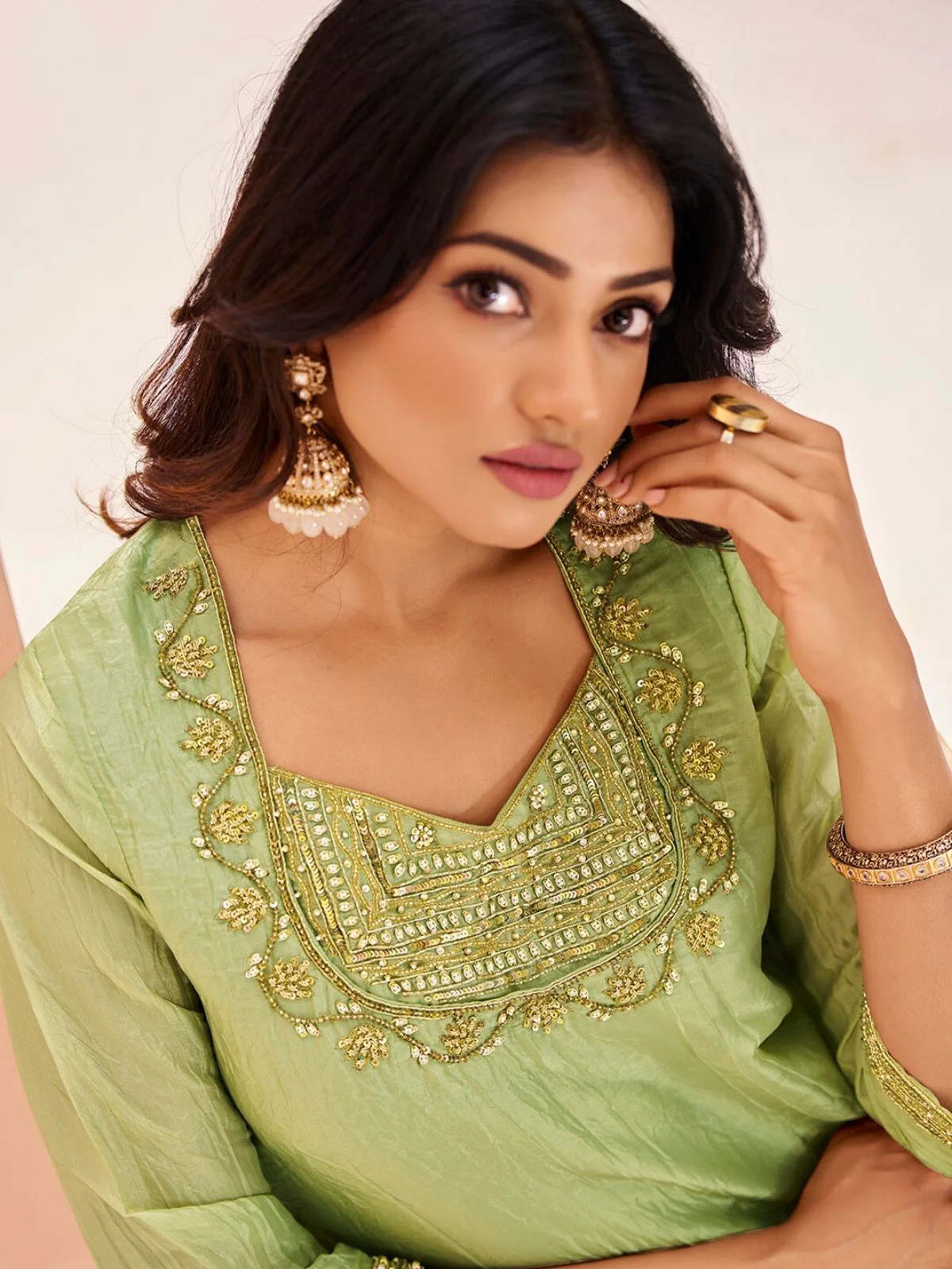 Odette Light Green Organza Embroidered Stitched Kurta Set For Women - Image 5