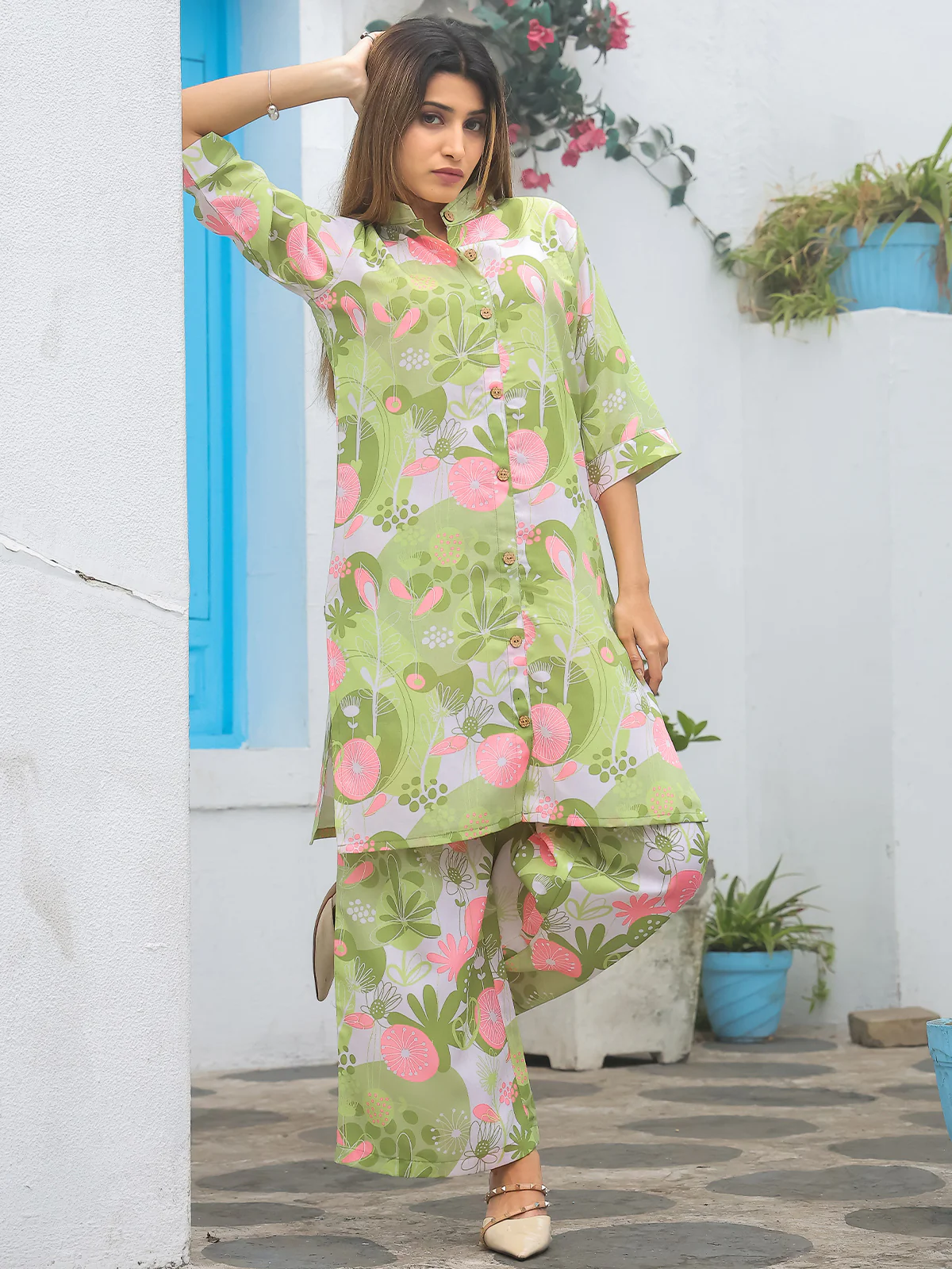 Odette Light Green Cotton Printed Co Ord Set for Women - Image 3