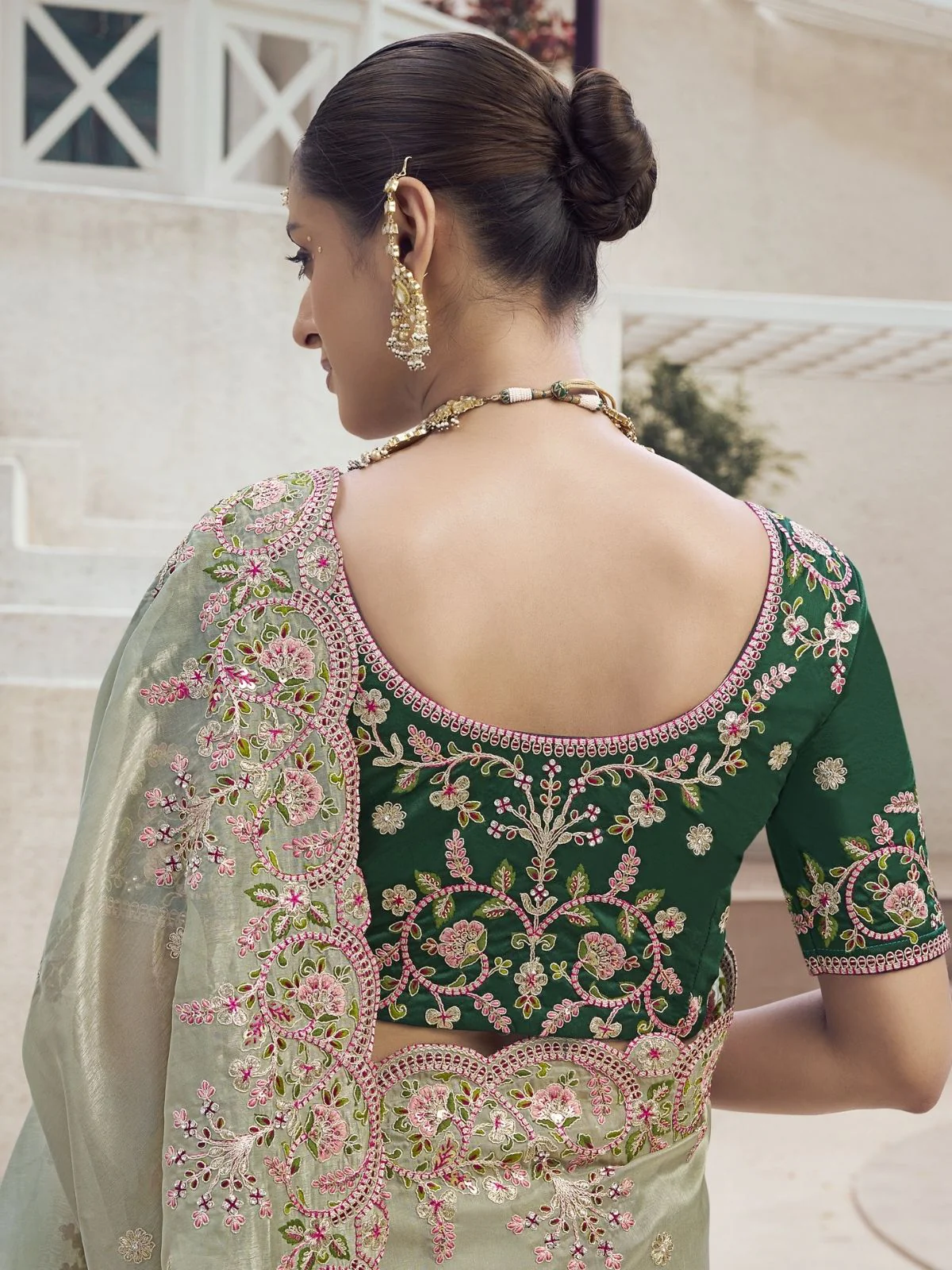Odette Light Green Silk Blend Embroidered Saree With Unstitched Blouse For Women - Image 3