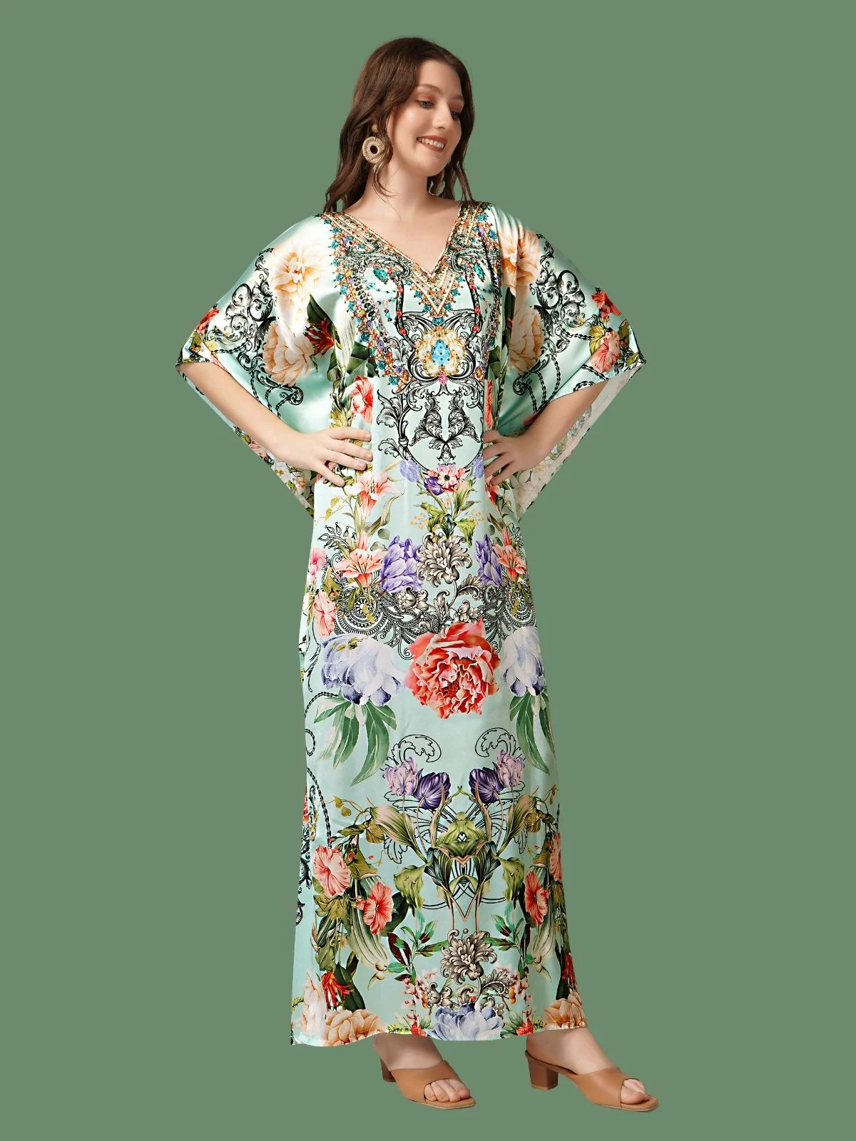Odette Light Green Satin Printed Kaftan For Women - Image 2