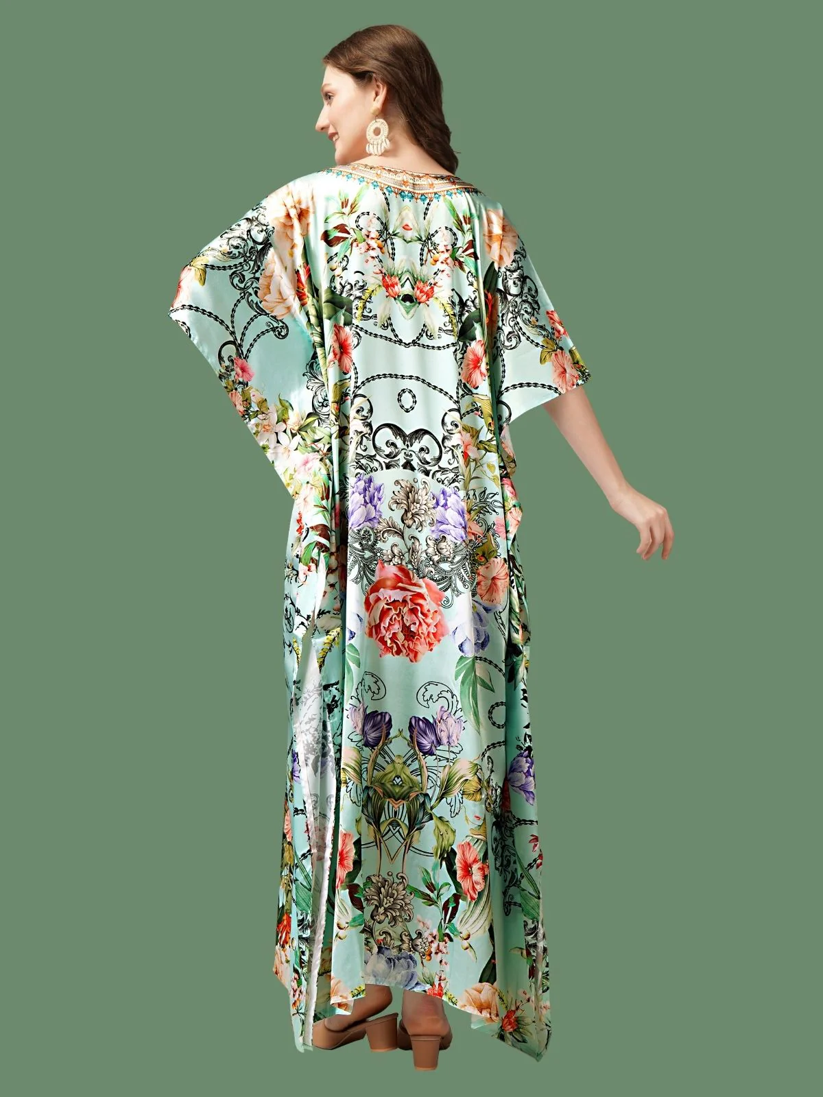 Odette Light Green Satin Printed Kaftan For Women - Image 3