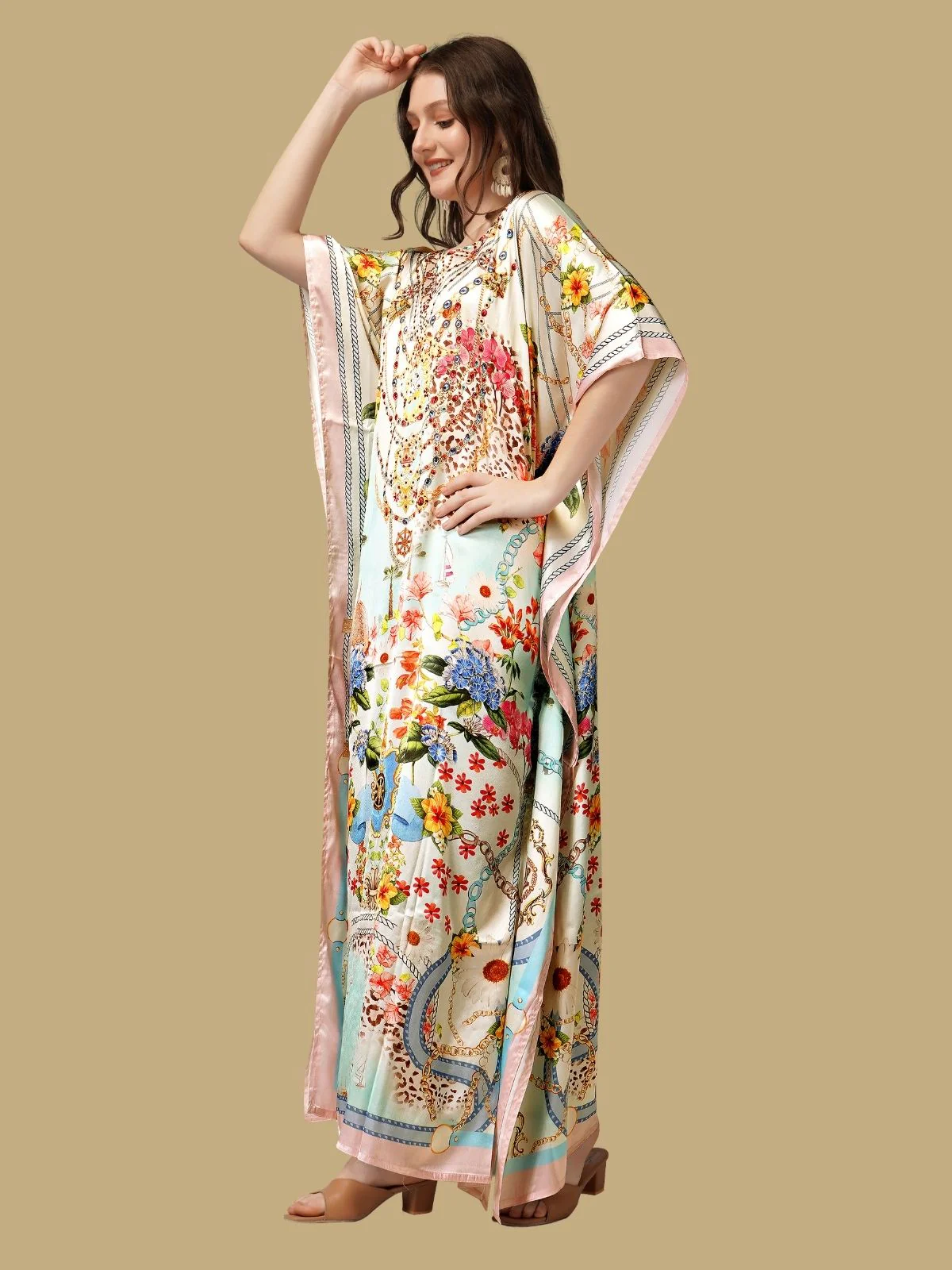 Odette Light Green Satin Printed Kaftan For Women - Image 2