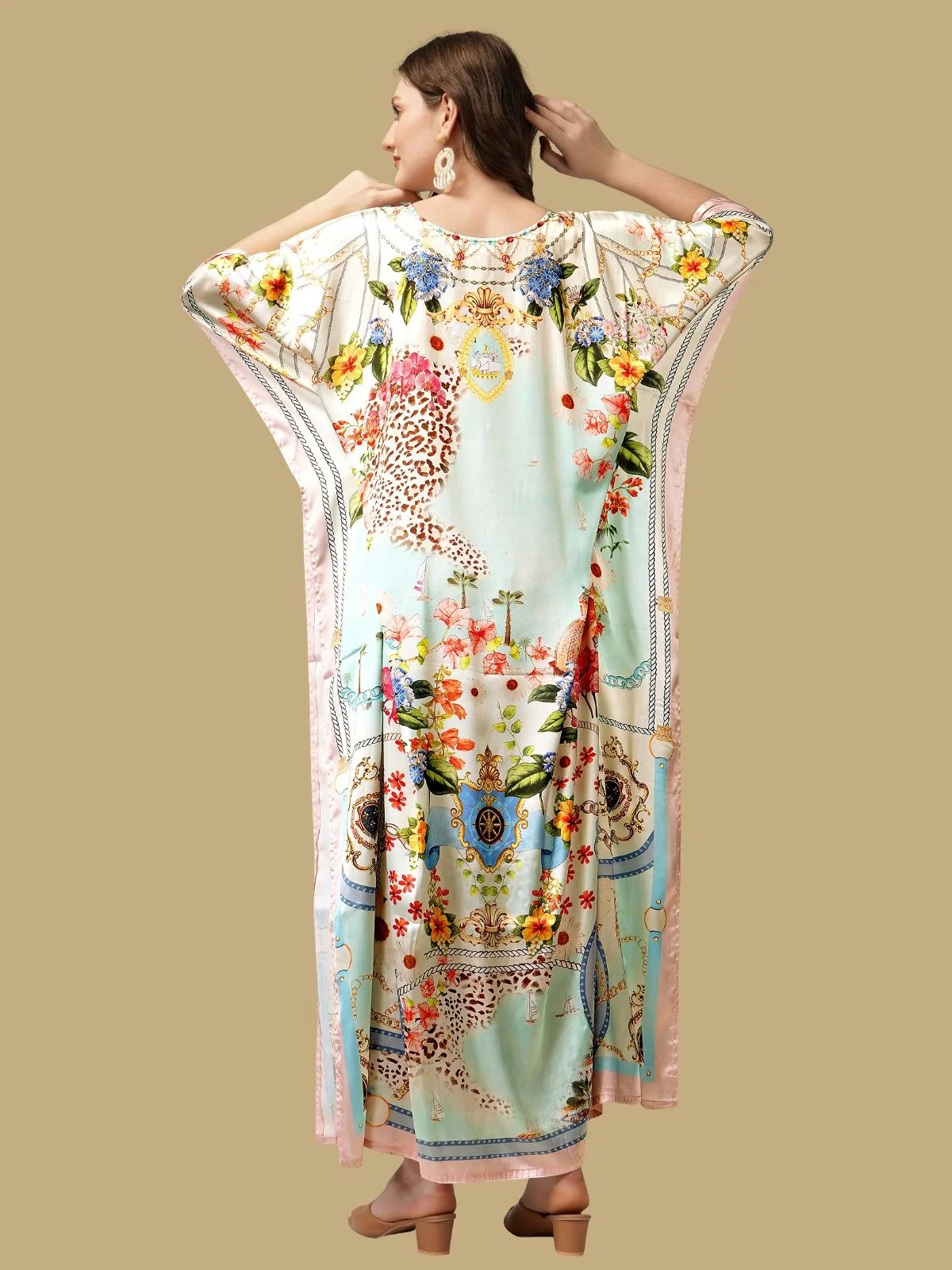 Odette Light Green Satin Printed Kaftan For Women - Image 3