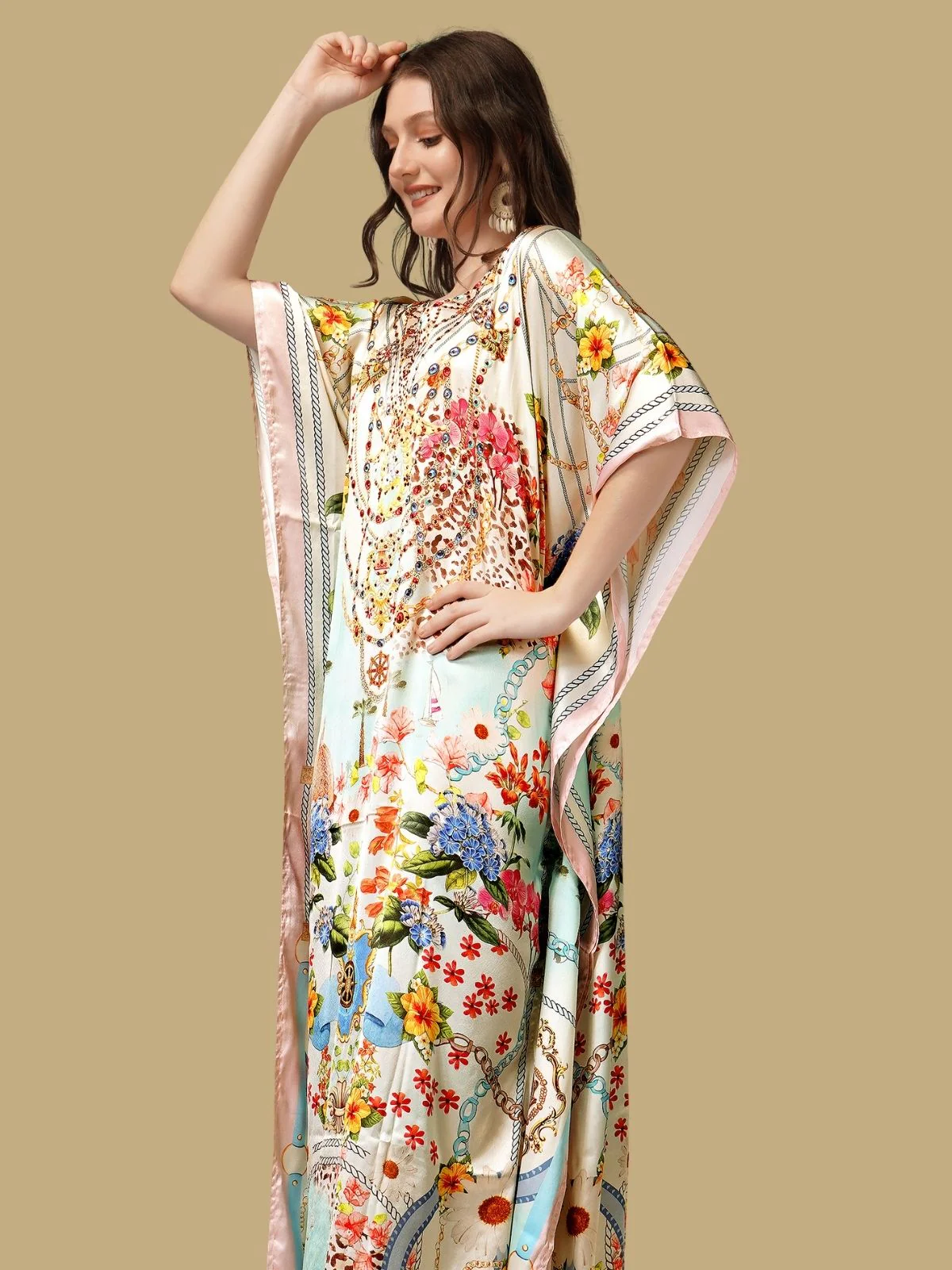 Odette Light Green Satin Printed Kaftan For Women - Image 4
