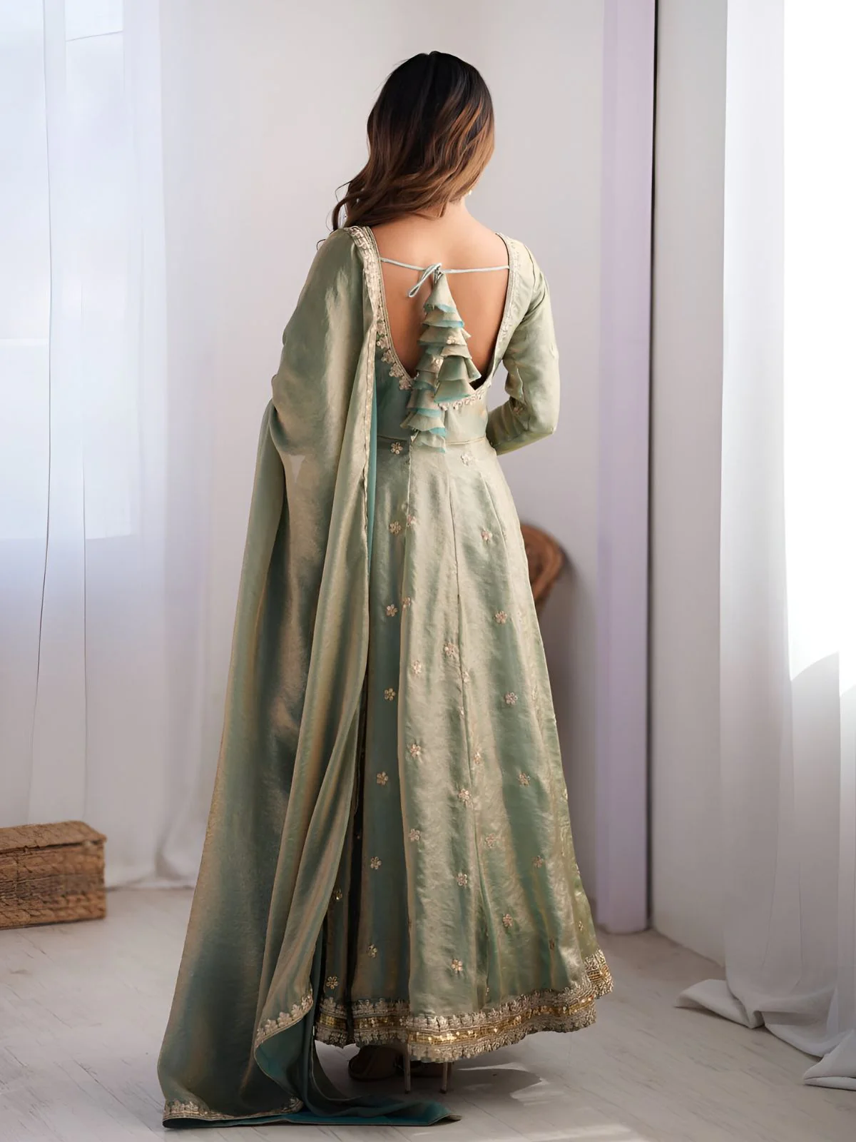 Odette Light Green Satin Silk Embroidered Kurta Set For Women - Image 3