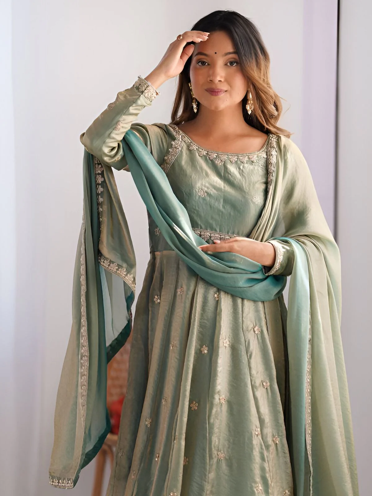 Odette Light Green Satin Silk Embroidered Kurta Set For Women - Image 4