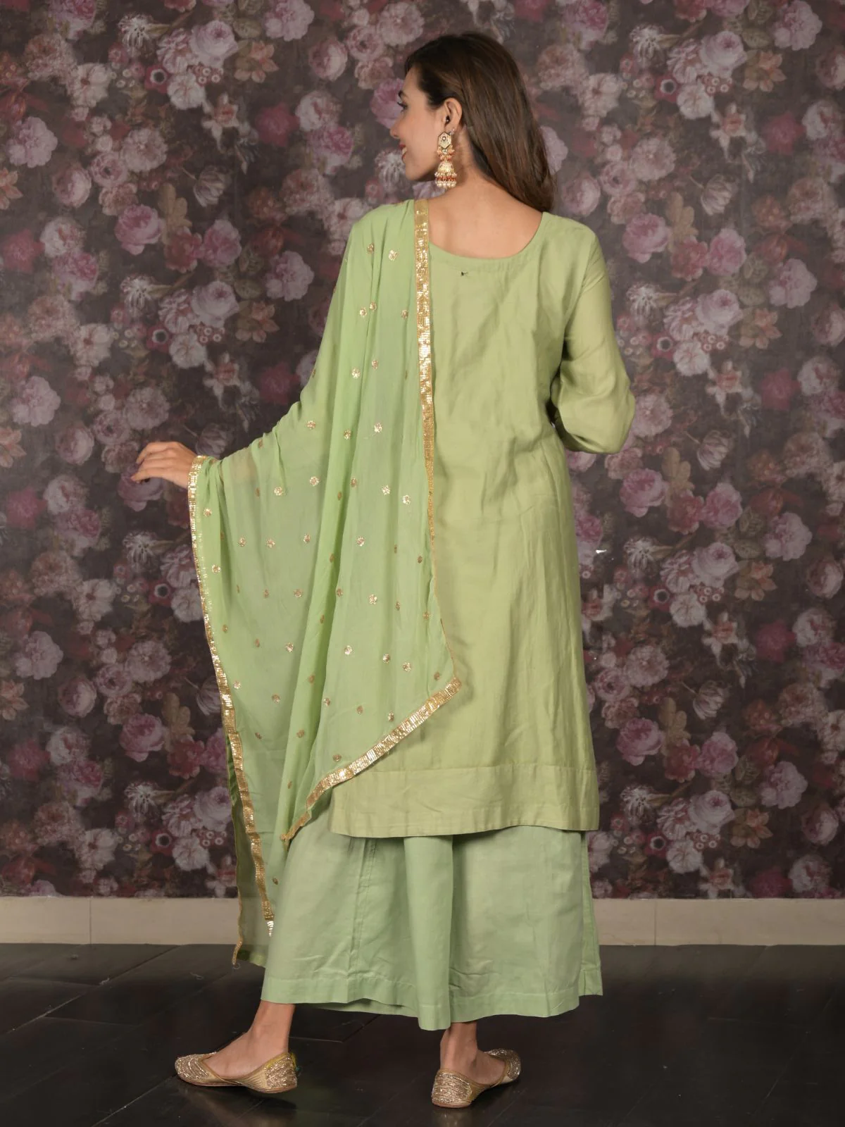 Odette Light Green Sequins Embroidered Cotton Stitched Kurta Set for Women - Image 4