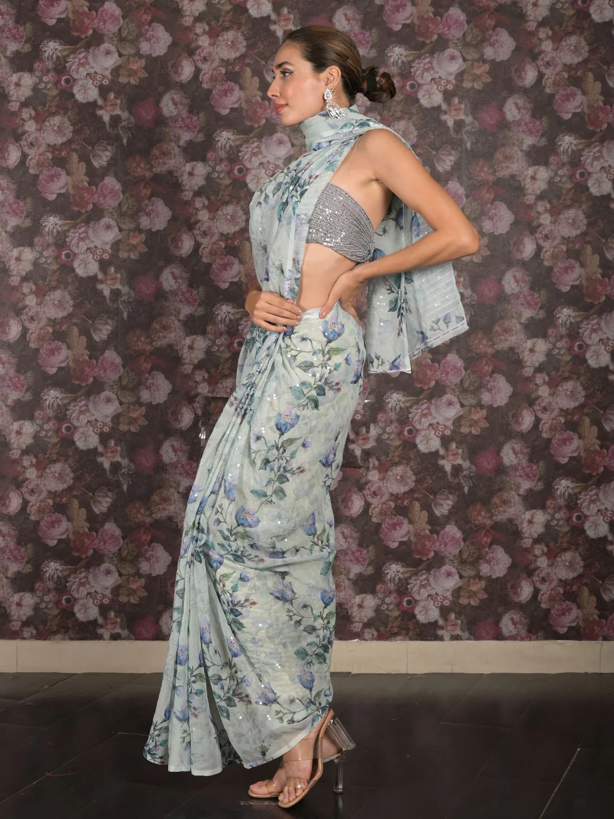 Odette Light Green Sequins Embroidered Printed Georgette Saree with Unstitched Blouse for Women - Image 3