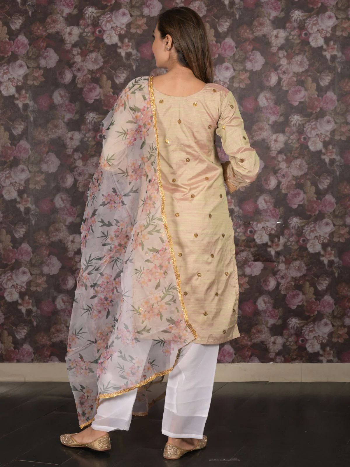 Odette Light Green Sequins Embroidered Silk Bend Stitched Kurta Set for Women - Image 4