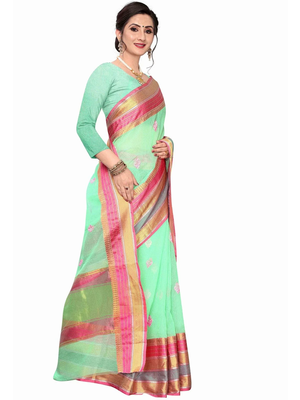 Odette Light Green Silk Blend Embellished Saree For Women - Image 2