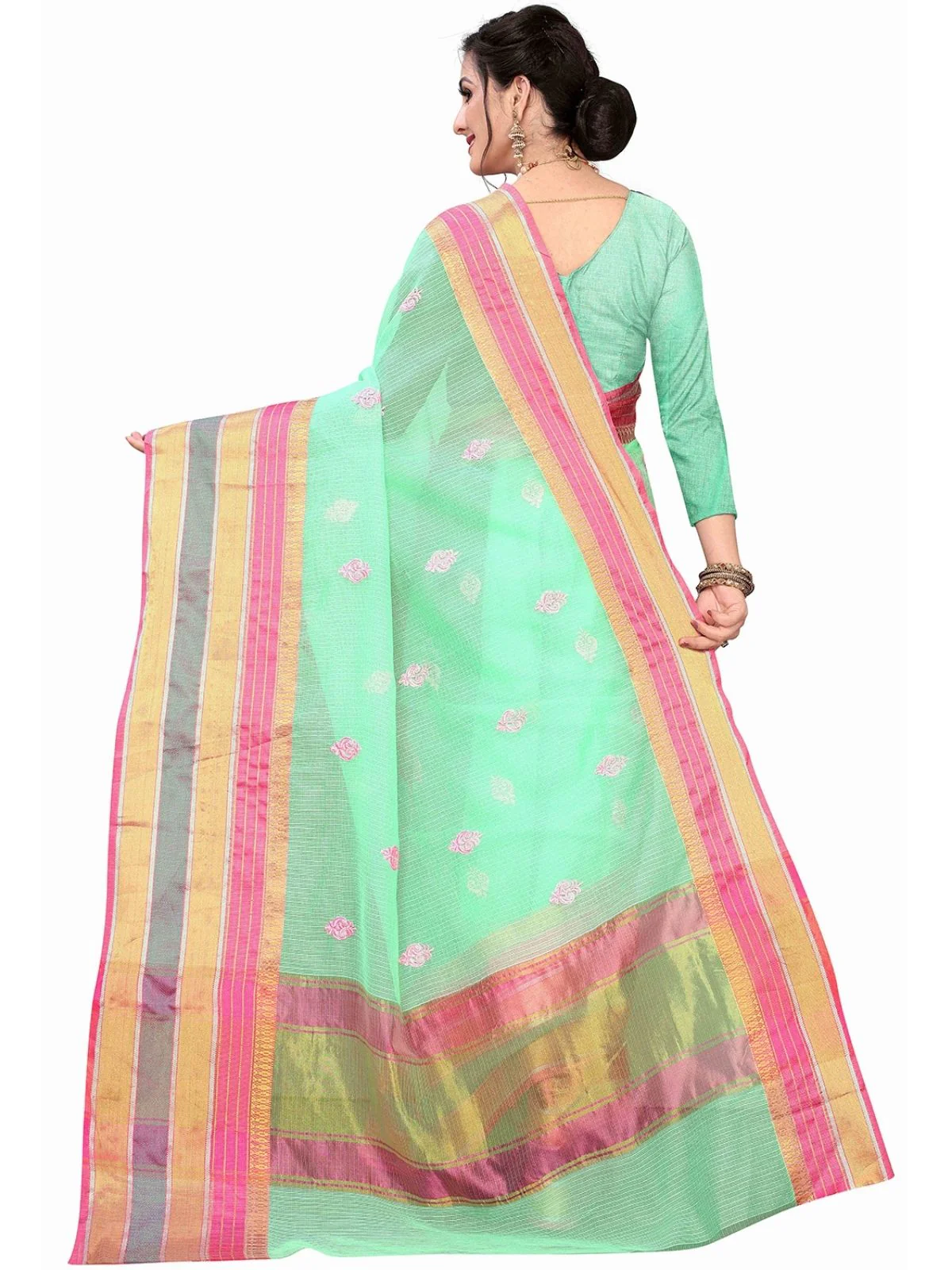 Odette Light Green Silk Blend Embellished Saree For Women - Image 4