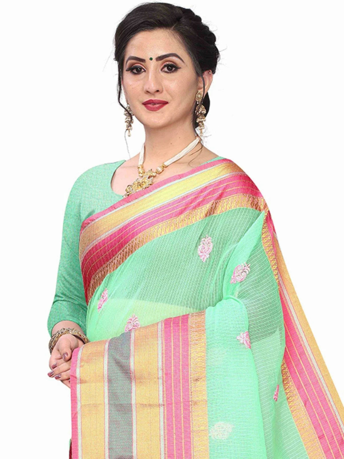 Odette Light Green Silk Blend Embellished Saree For Women - Image 5