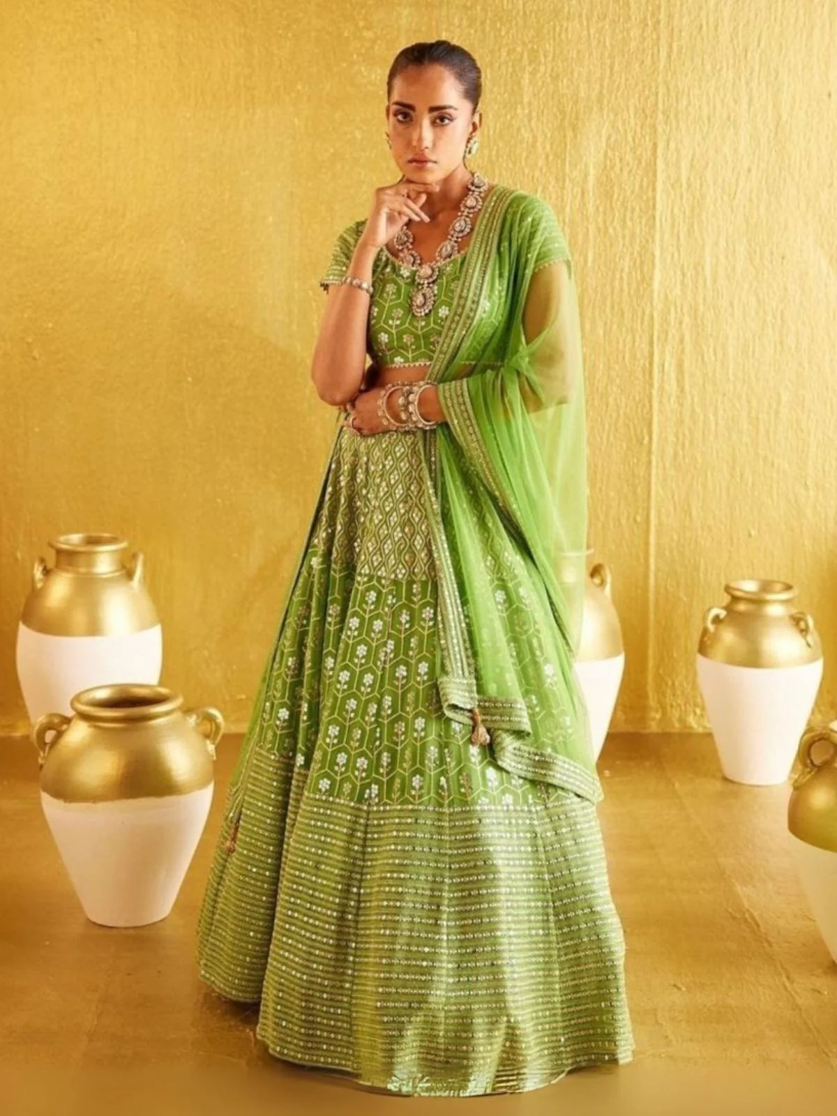 Odette Light Green Silk Blend Embellished Semi-Stitched Lehenga For Women