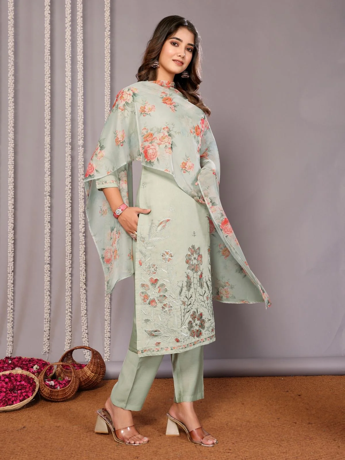 Odette Light Green Silk Blend Embroidered Stiched Kurta Set For Women - Image 2