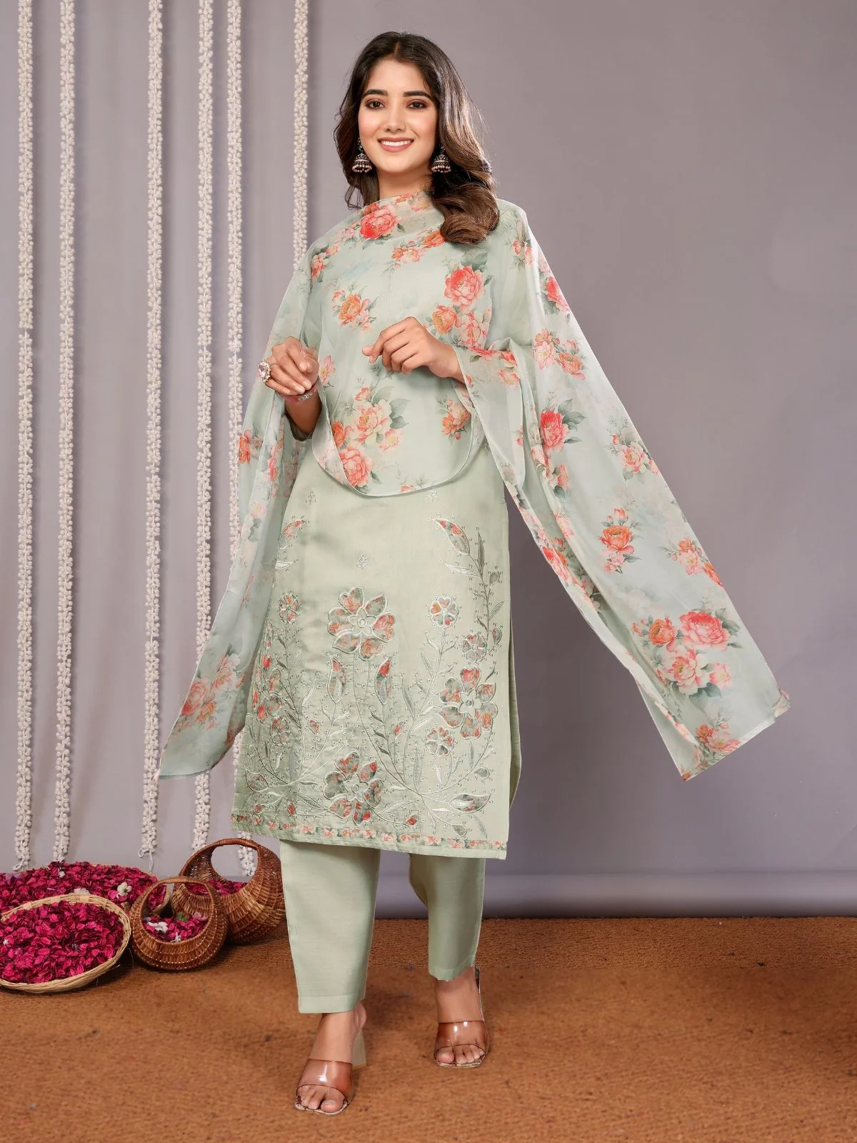 Odette Light Green Silk Blend Embroidered Stiched Kurta Set For Women - Image 6