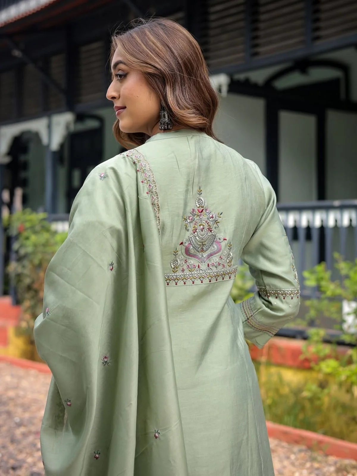 Odette Light Green Silk Blend Embroidered Stitched Kurta Set For Women - Image 2
